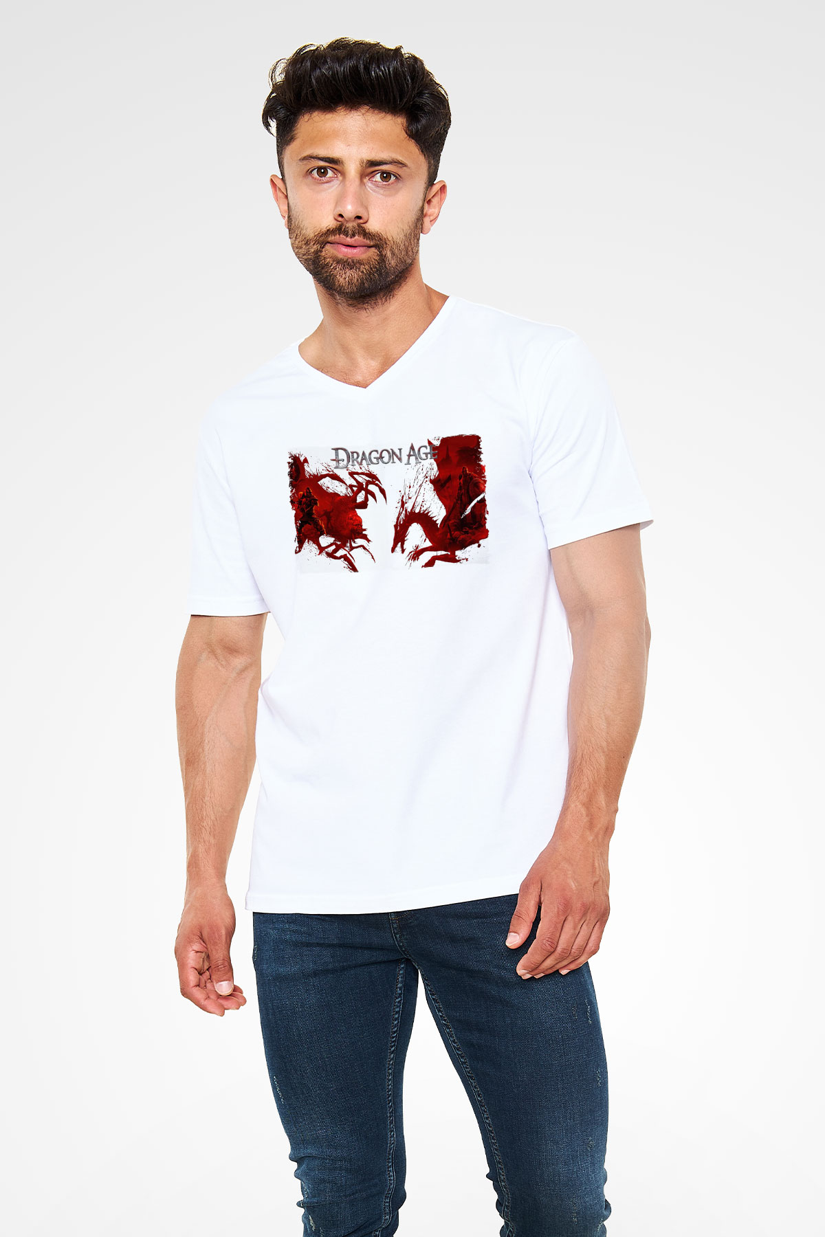 Dragon Age Beyaz Unisex V Yaka Tişört