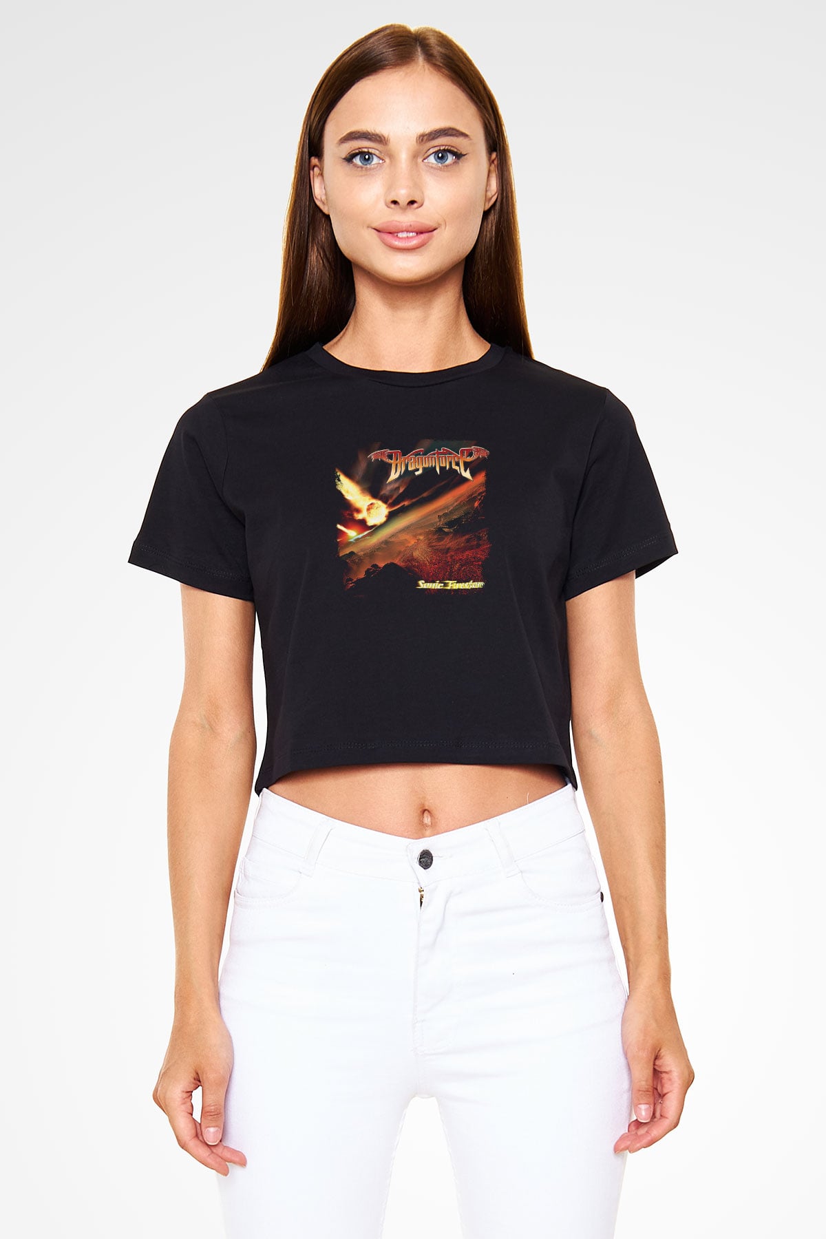 Dragon Force Baskılı Unisex Siyah Crop Top Tişört