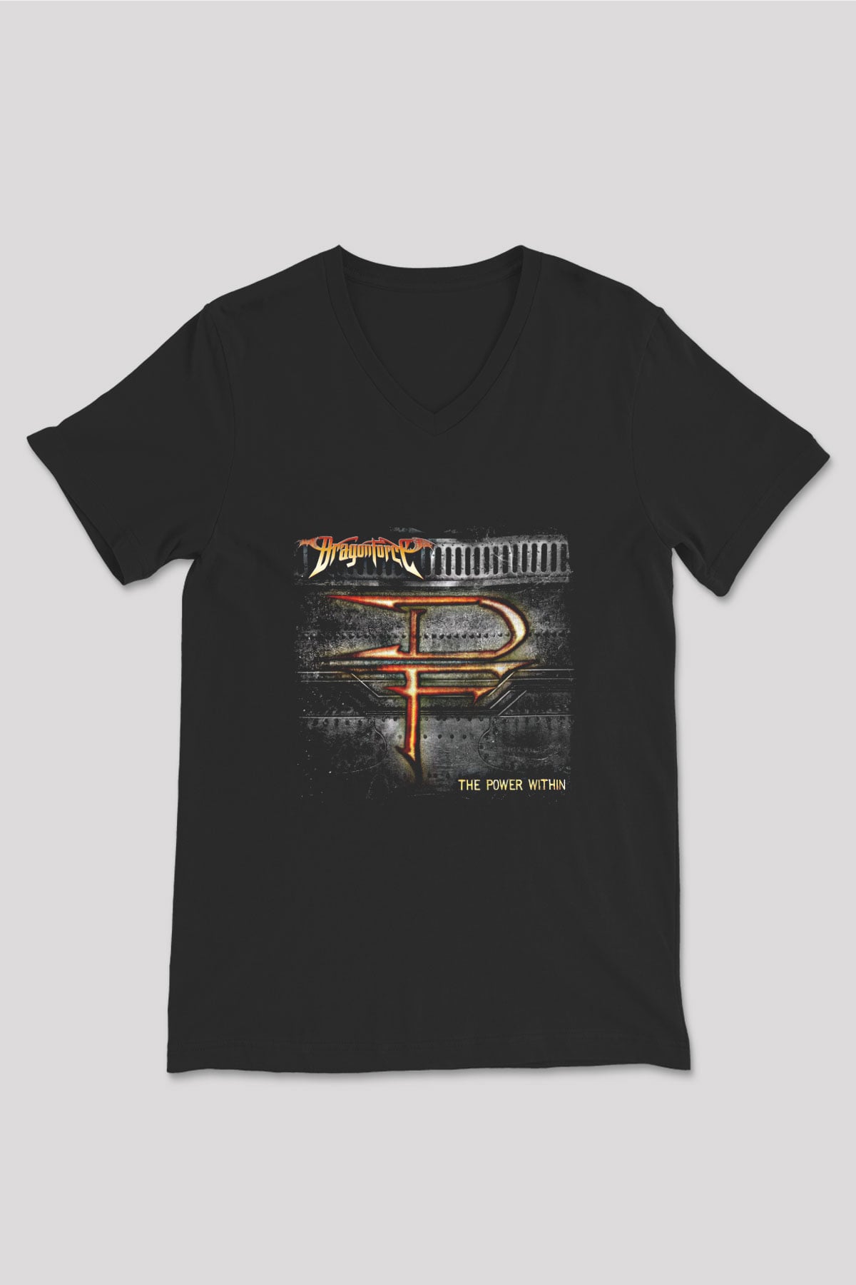 Dragon Force Baskılı Unisex Siyah V Yaka Tişört