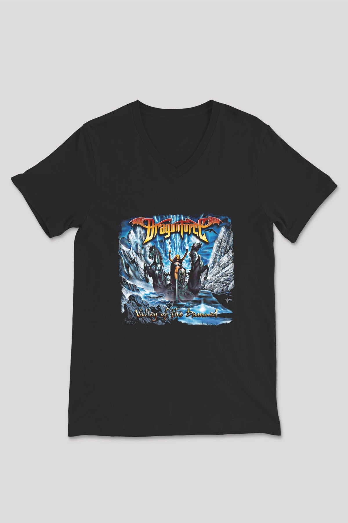 Dragon Force Baskılı Unisex Siyah V Yaka Tişört