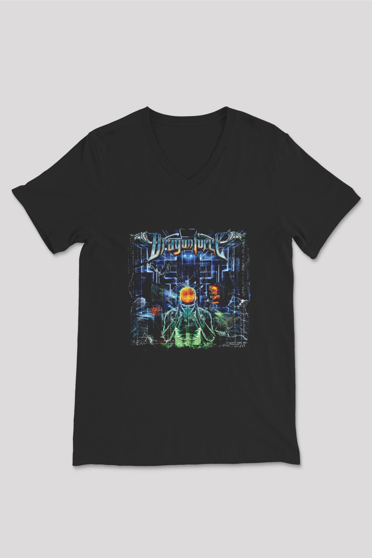 Dragon Force Baskılı Unisex Siyah V Yaka Tişört