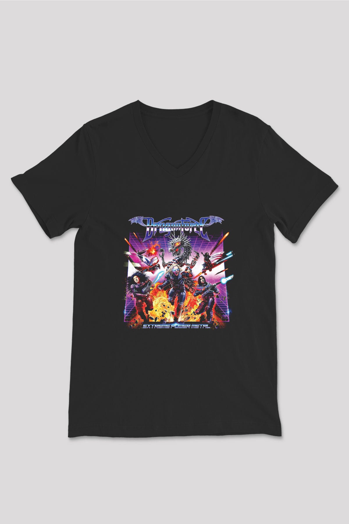 Dragon Force Baskılı Unisex Siyah V Yaka Tişört