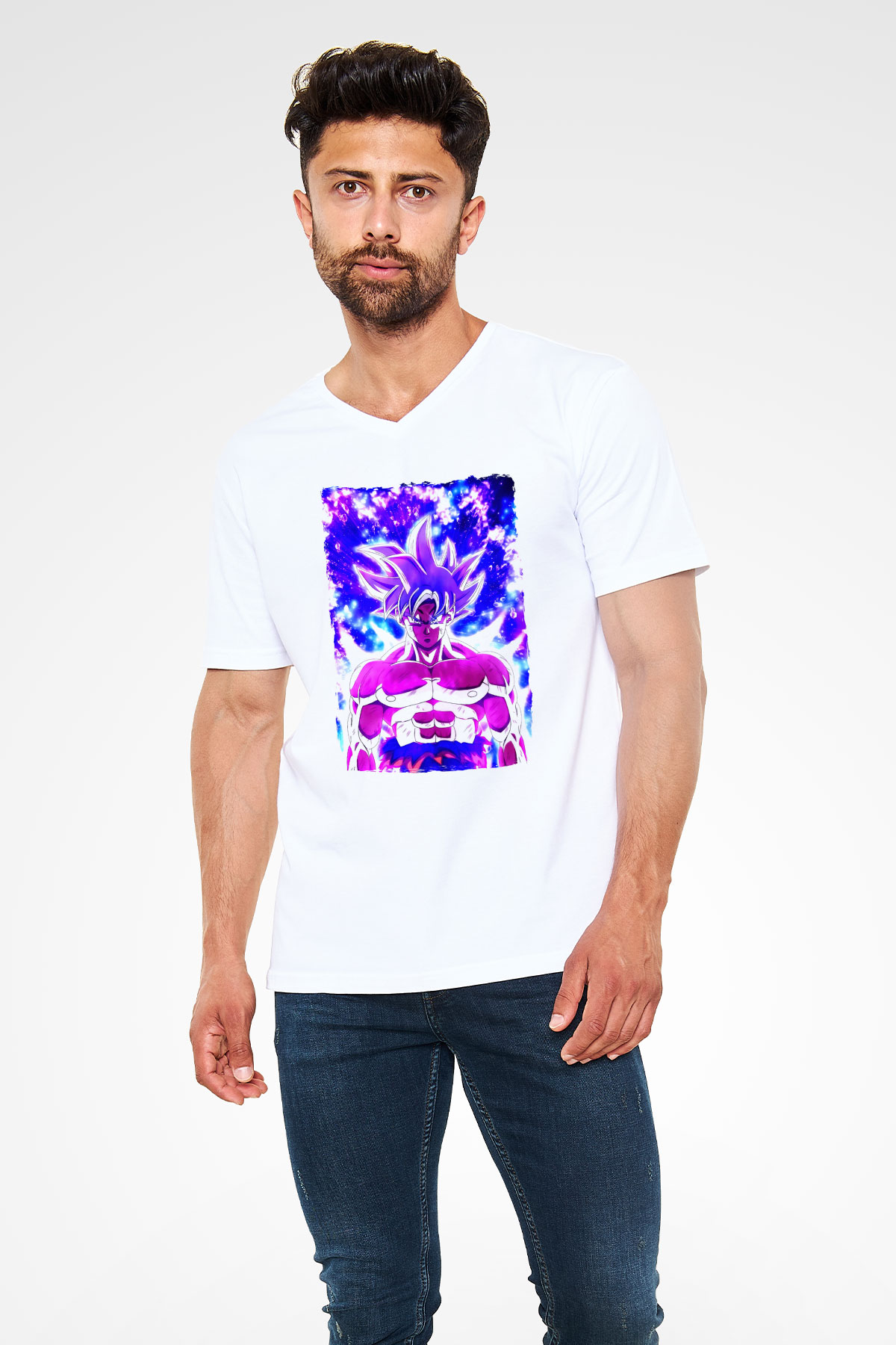 Dragonball Beyaz Unisex V Yaka Tişört