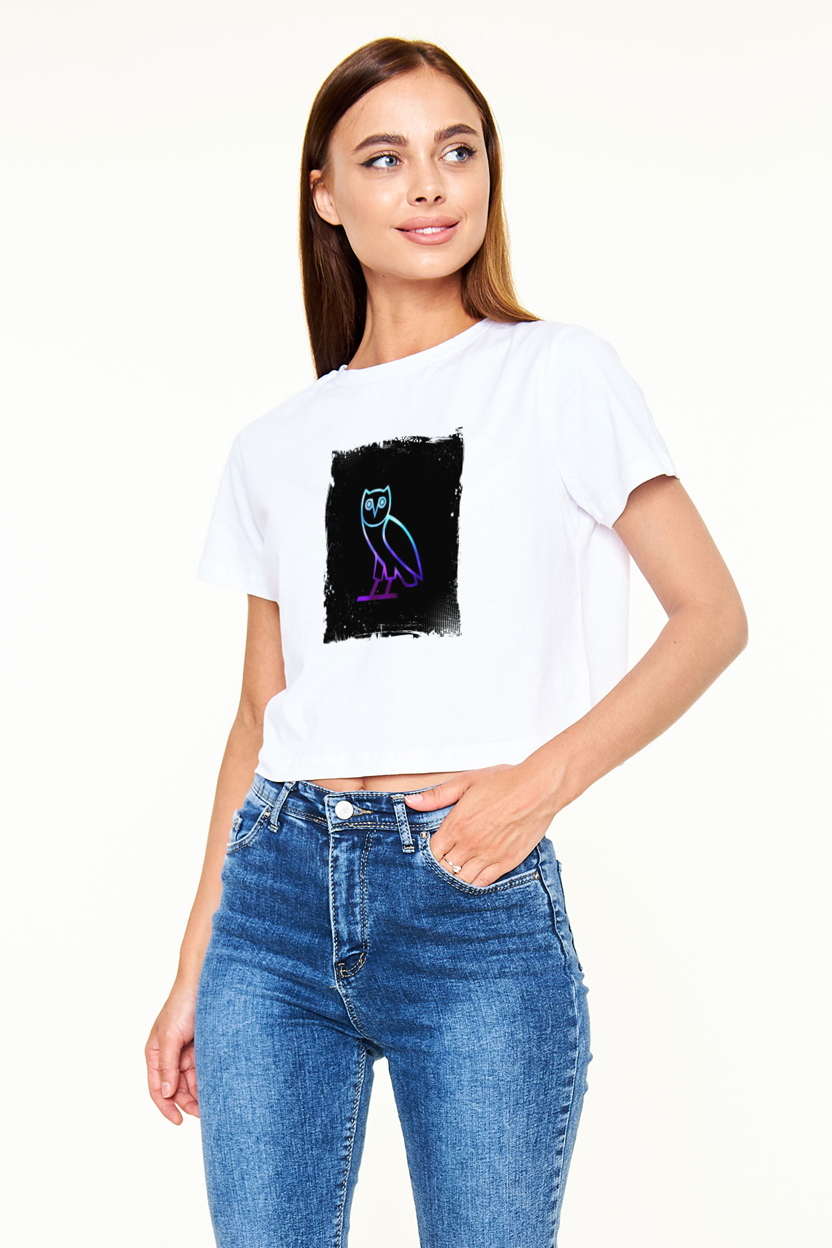 Drake Baskılı Beyaz Kadın Crop Top Tişört
