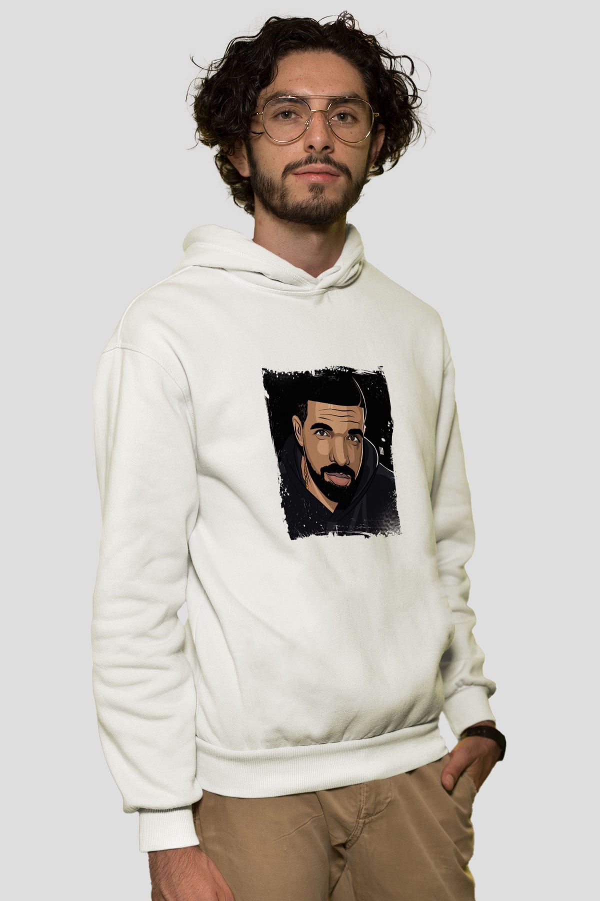 Drake Baskılı Unisex Beyaz Kapüşonlu Sweatshirt