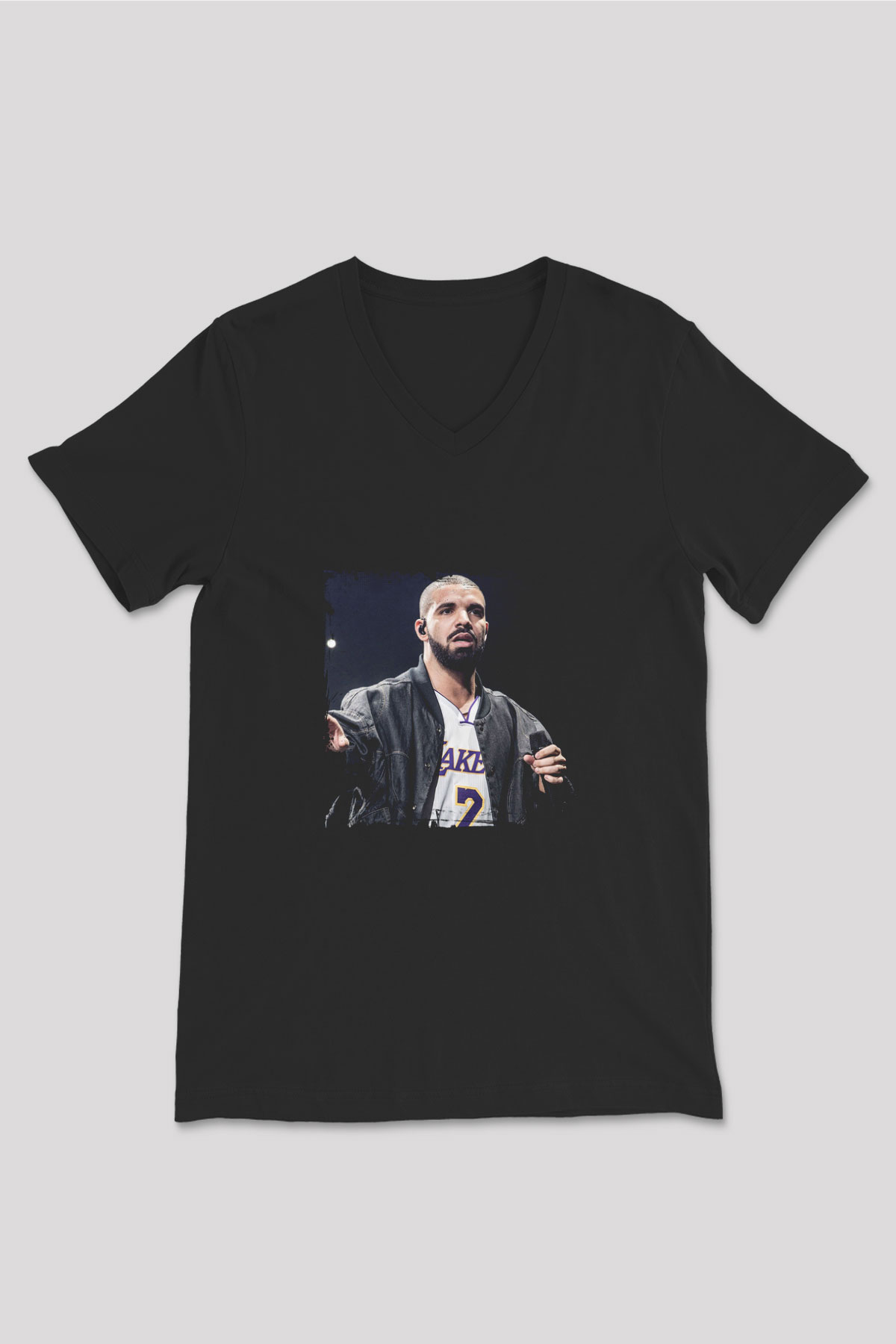Drake Baskılı Unisex Siyah V Yaka Tişört