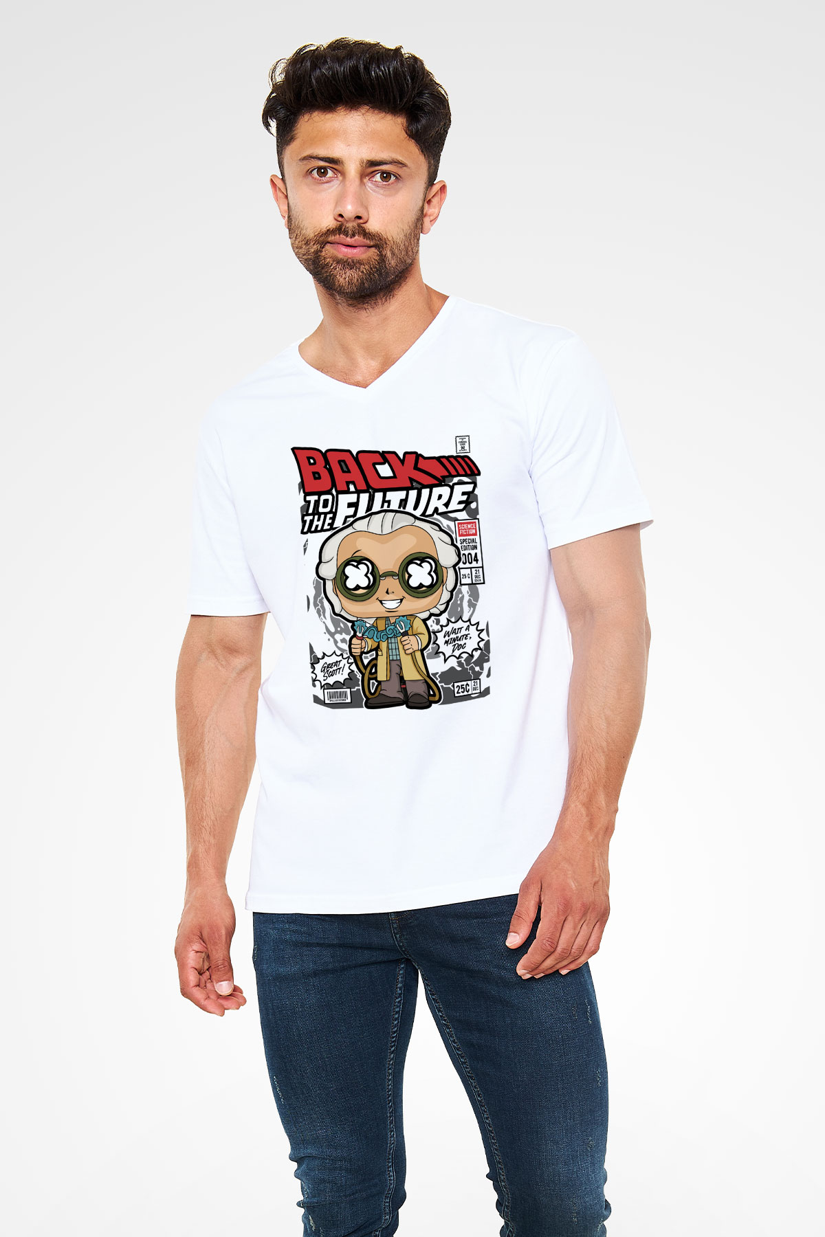 DrBrown Baskılı Unisex Beyaz V Yaka Tişört
