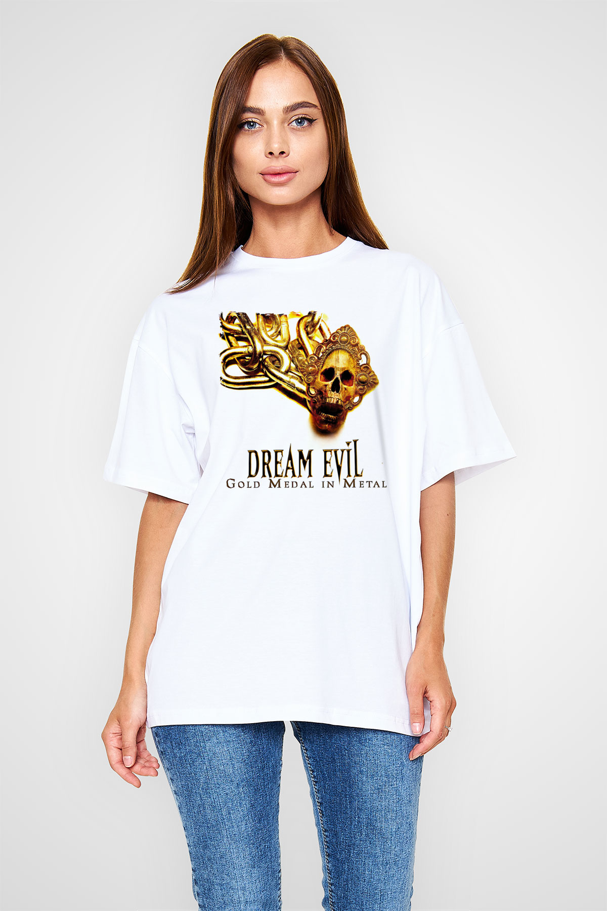 Dream Evil Baskılı Beyaz Unisex Oversize Tişört - Tshirt