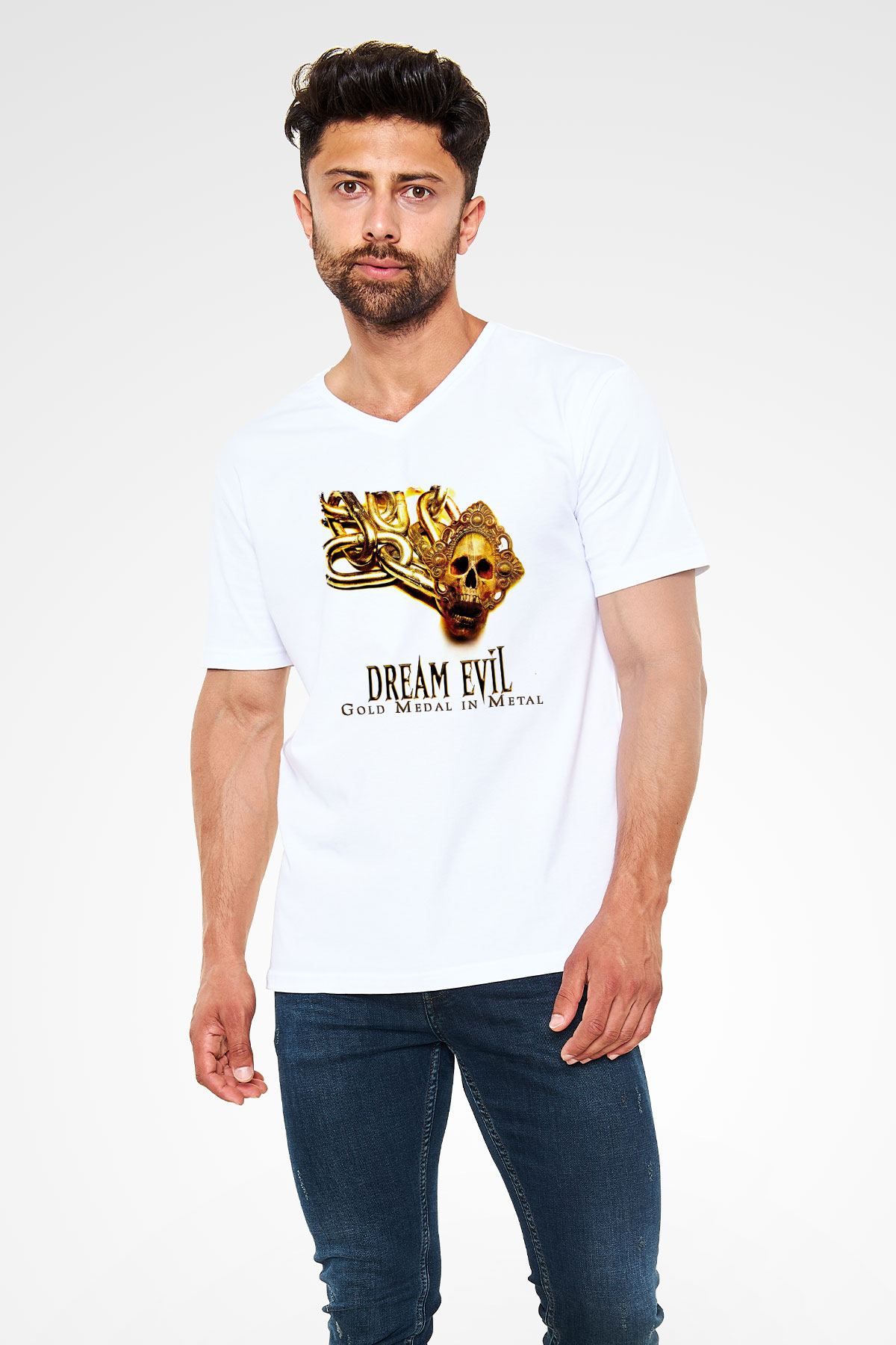 Dream Evil Baskılı Beyaz Unisex V Yaka Tişört - Tshirt