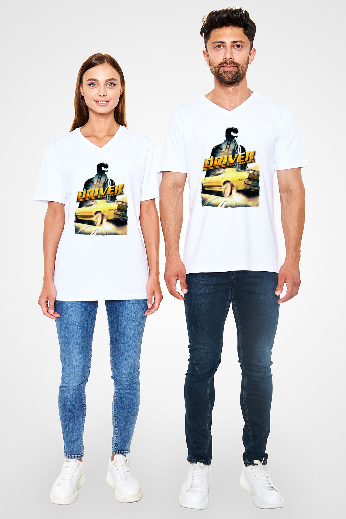 Driver Beyaz Unisex V Yaka Tişört