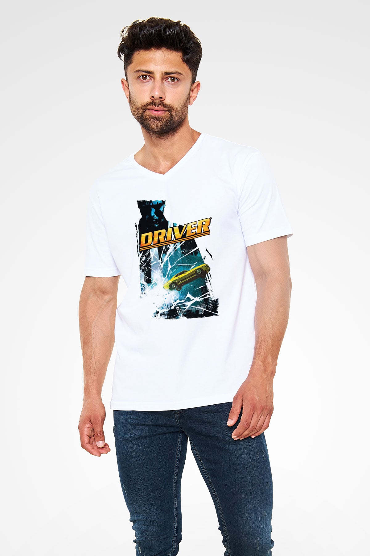 Driver Beyaz Unisex V Yaka Tişört