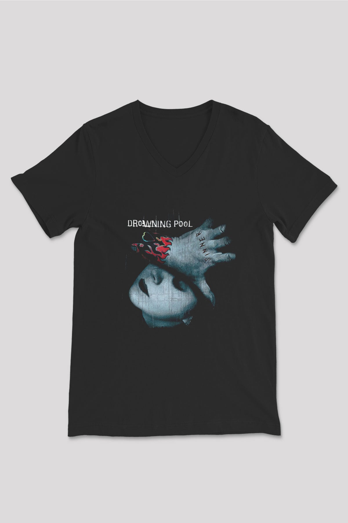 Drowning Pool Baskılı Unisex Siyah V Yaka Tişört - Tshirt