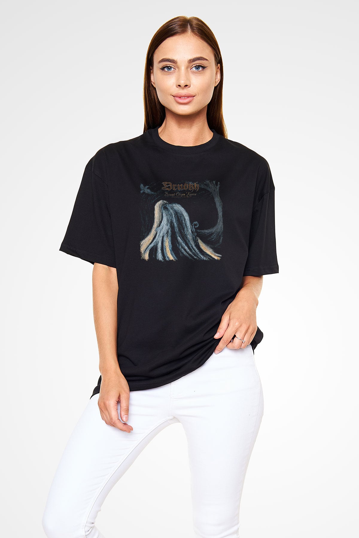 Drudkh Baskılı Unisex Siyah Oversize Tişört