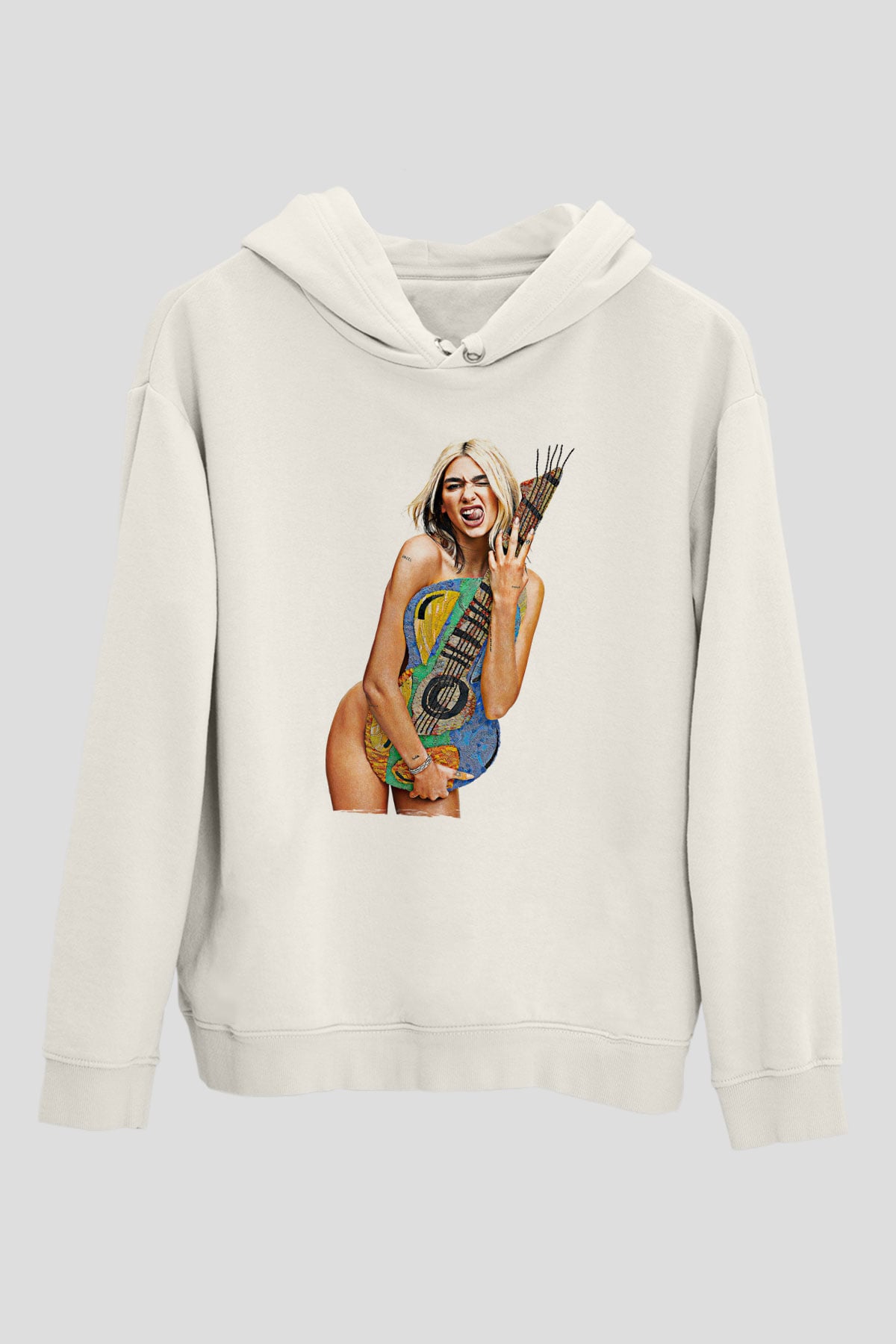 Dua Lipa Baskılı Beyaz Unisex Kapüşonlu Sweatshirt
