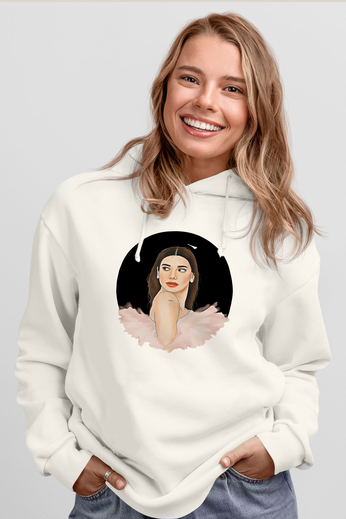 Dua Lipa Baskılı Beyaz Unisex Kapüşonlu Sweatshirt