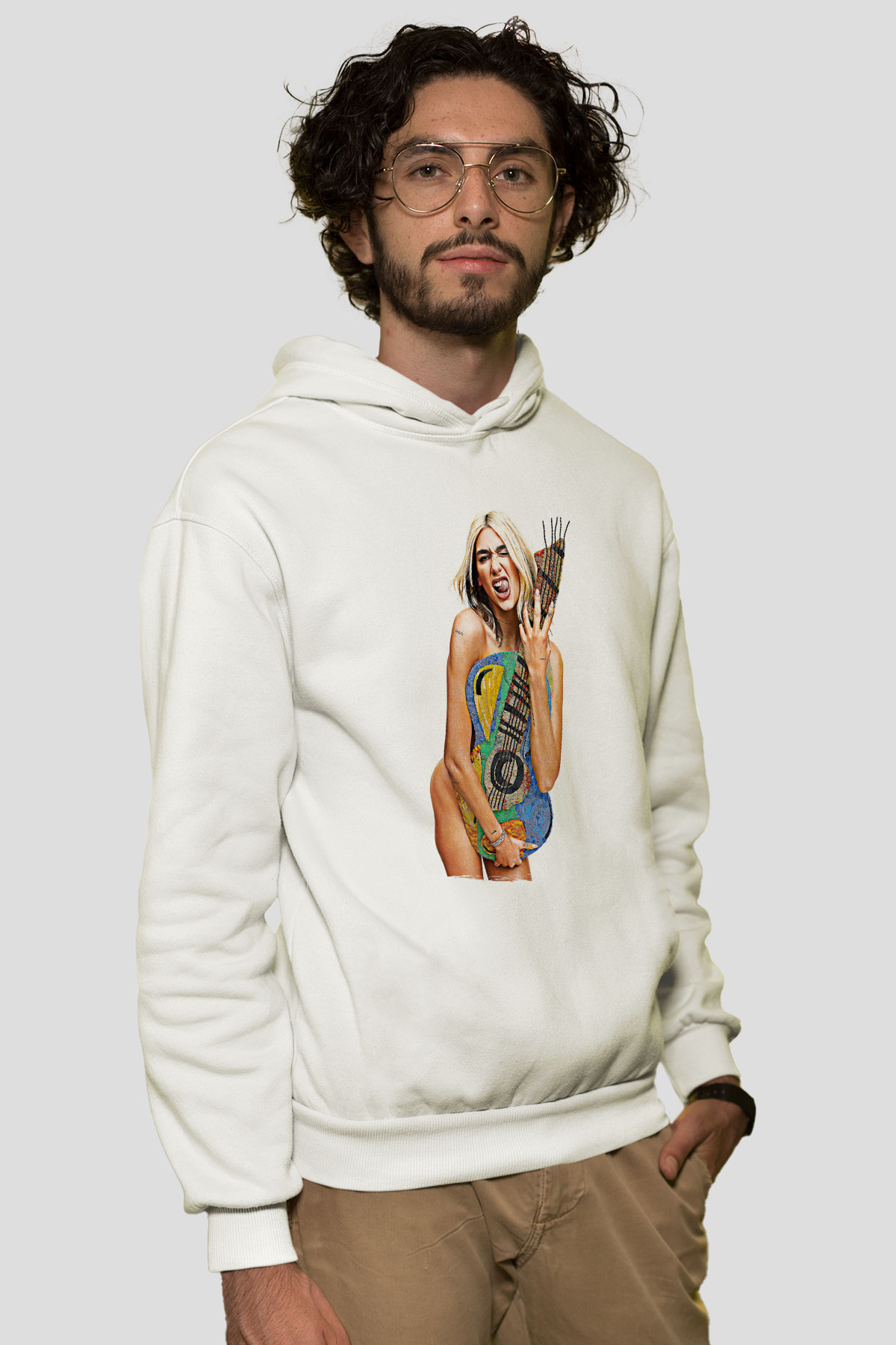 Dua Lipa Baskılı Beyaz Unisex Kapüşonlu Sweatshirt