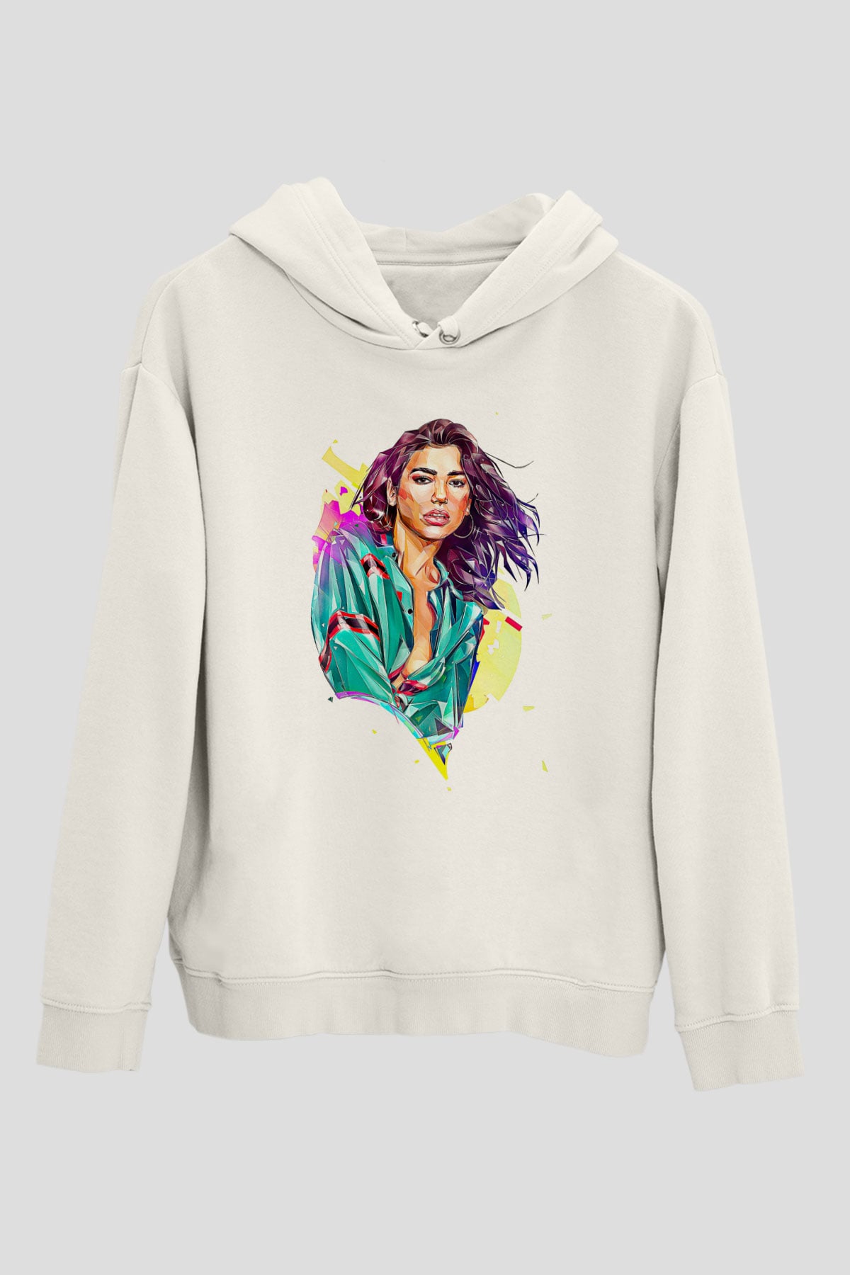 Dua Lipa Baskılı Beyaz Unisex Kapüşonlu Sweatshirt
