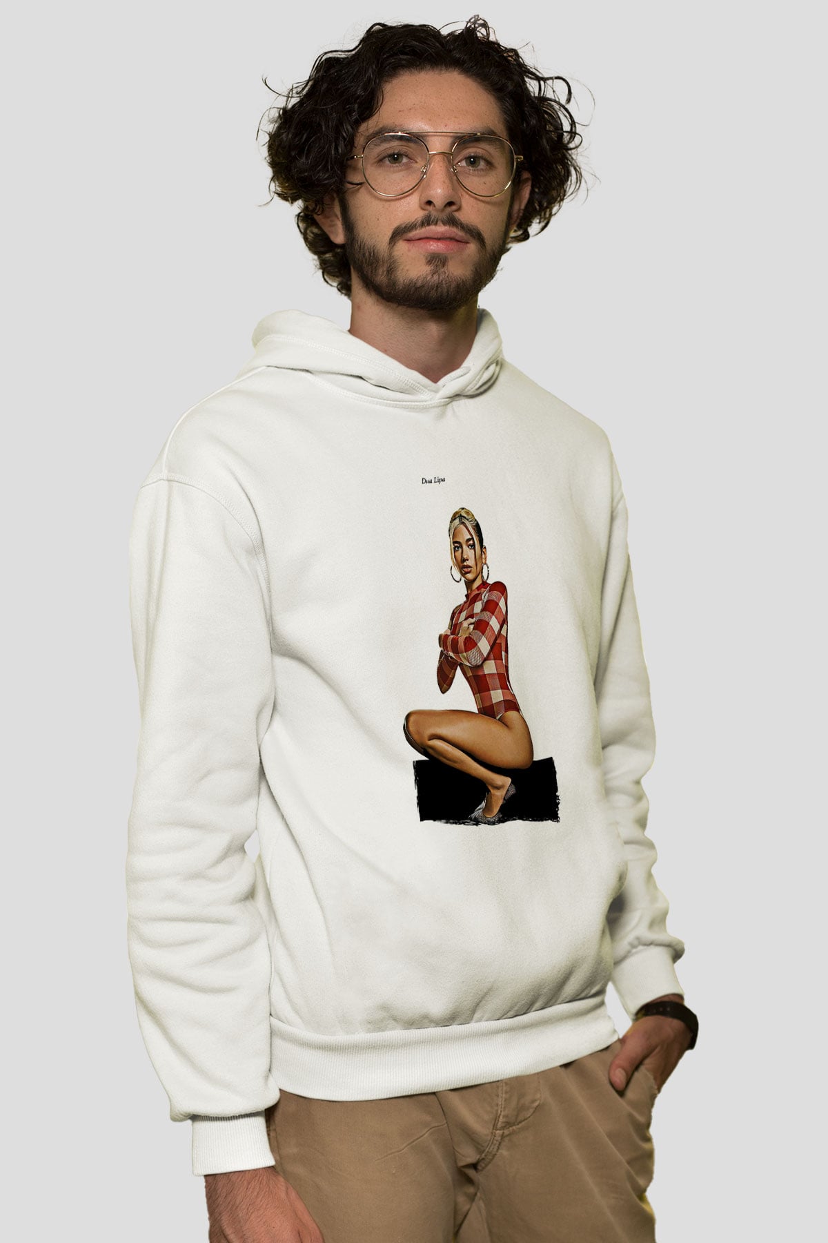 Dua Lipa Baskılı Beyaz Unisex Kapüşonlu Sweatshirt