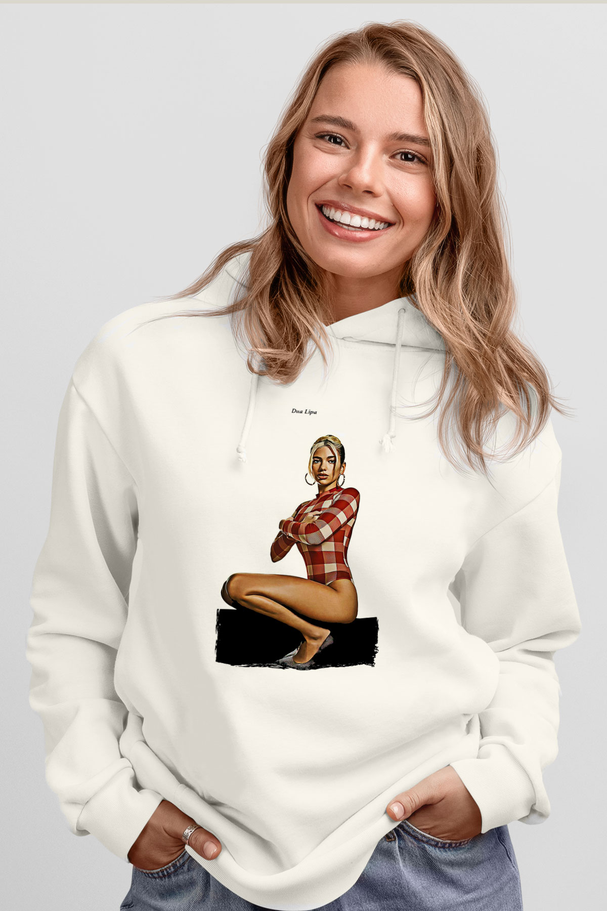 Dua Lipa Baskılı Beyaz Unisex Kapüşonlu Sweatshirt