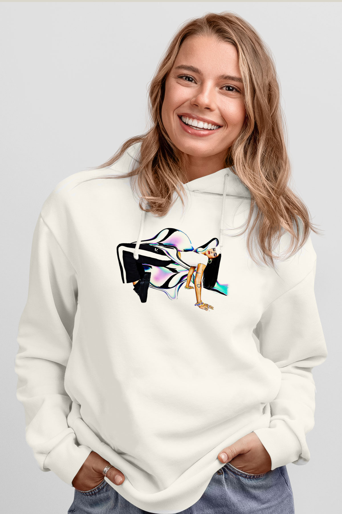 Dua Lipa Baskılı Beyaz Unisex Kapüşonlu Sweatshirt