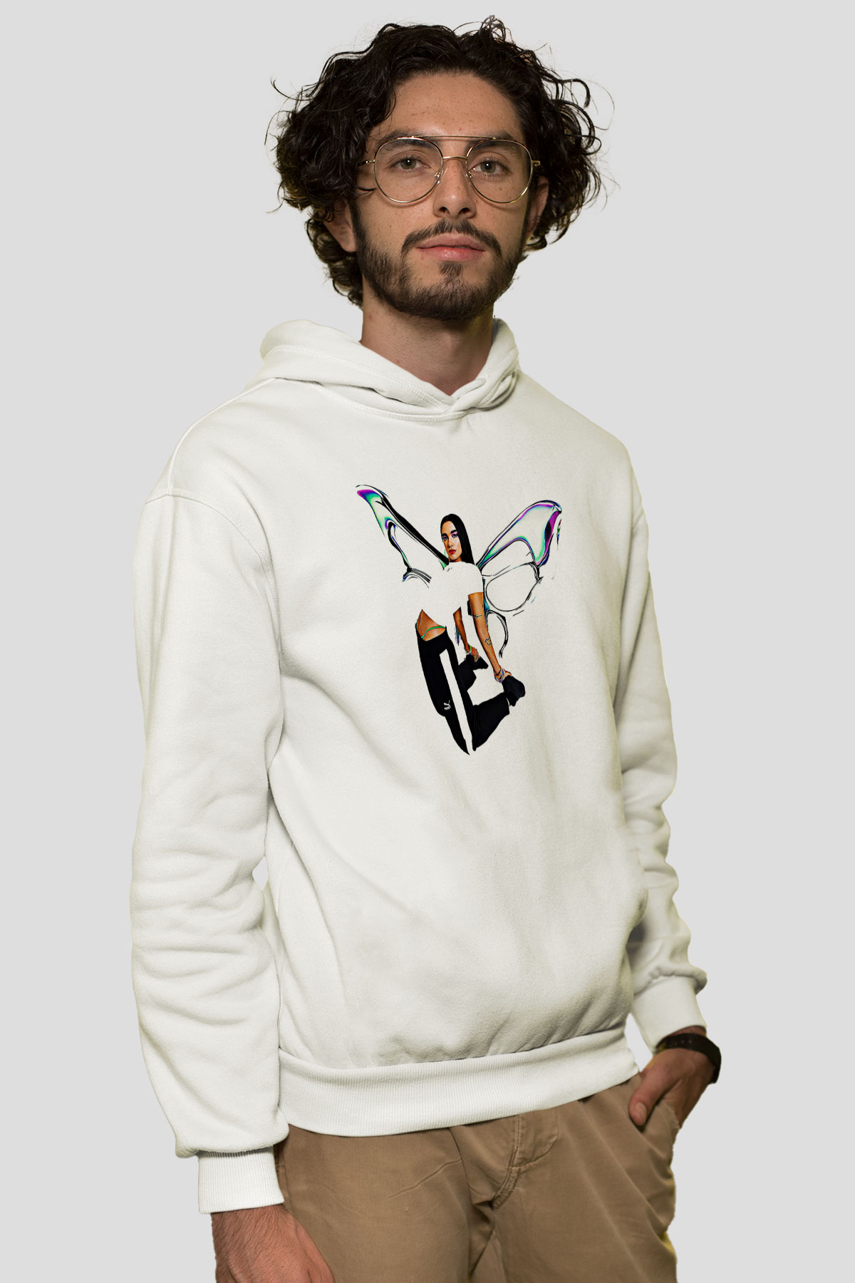 Dua Lipa Baskılı Beyaz Unisex Kapüşonlu Sweatshirt