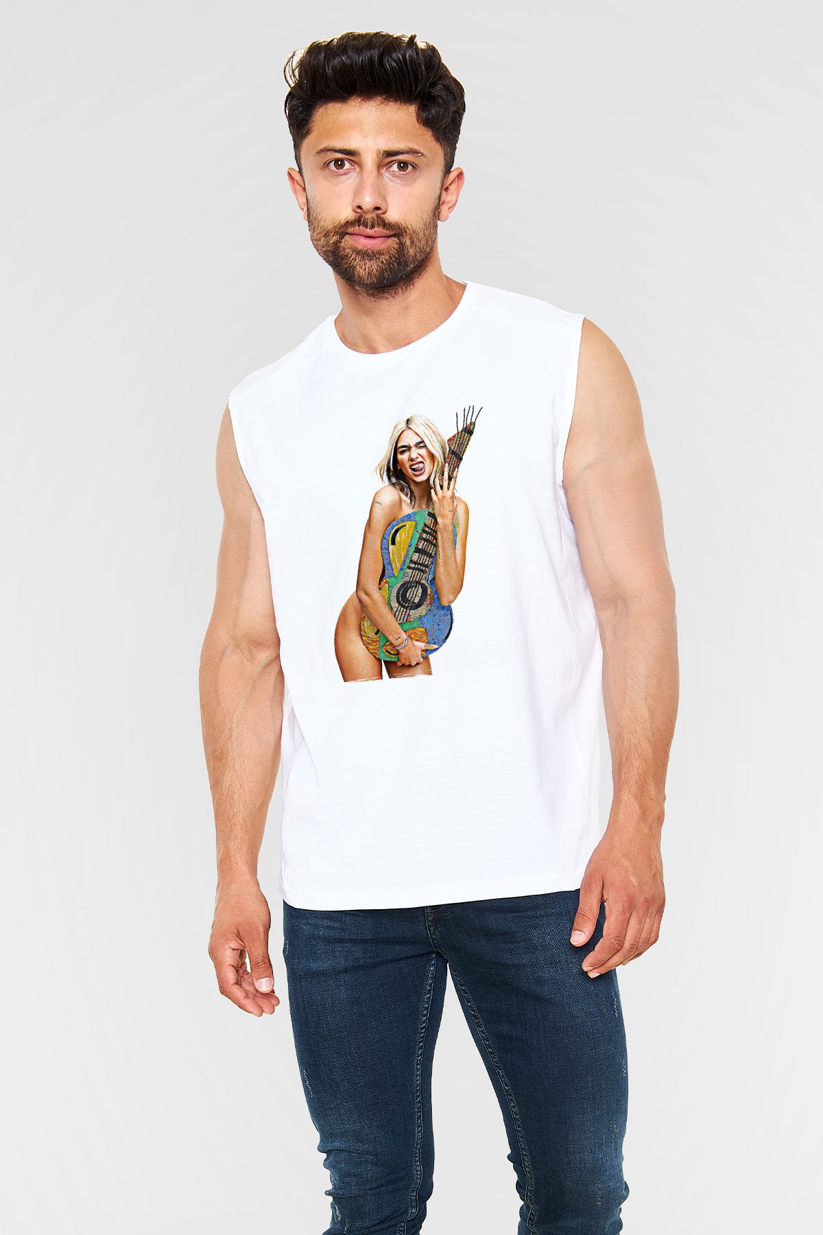 Dua Lipa Baskılı Beyaz Unisex Kolsuz Tişört - Tshirt