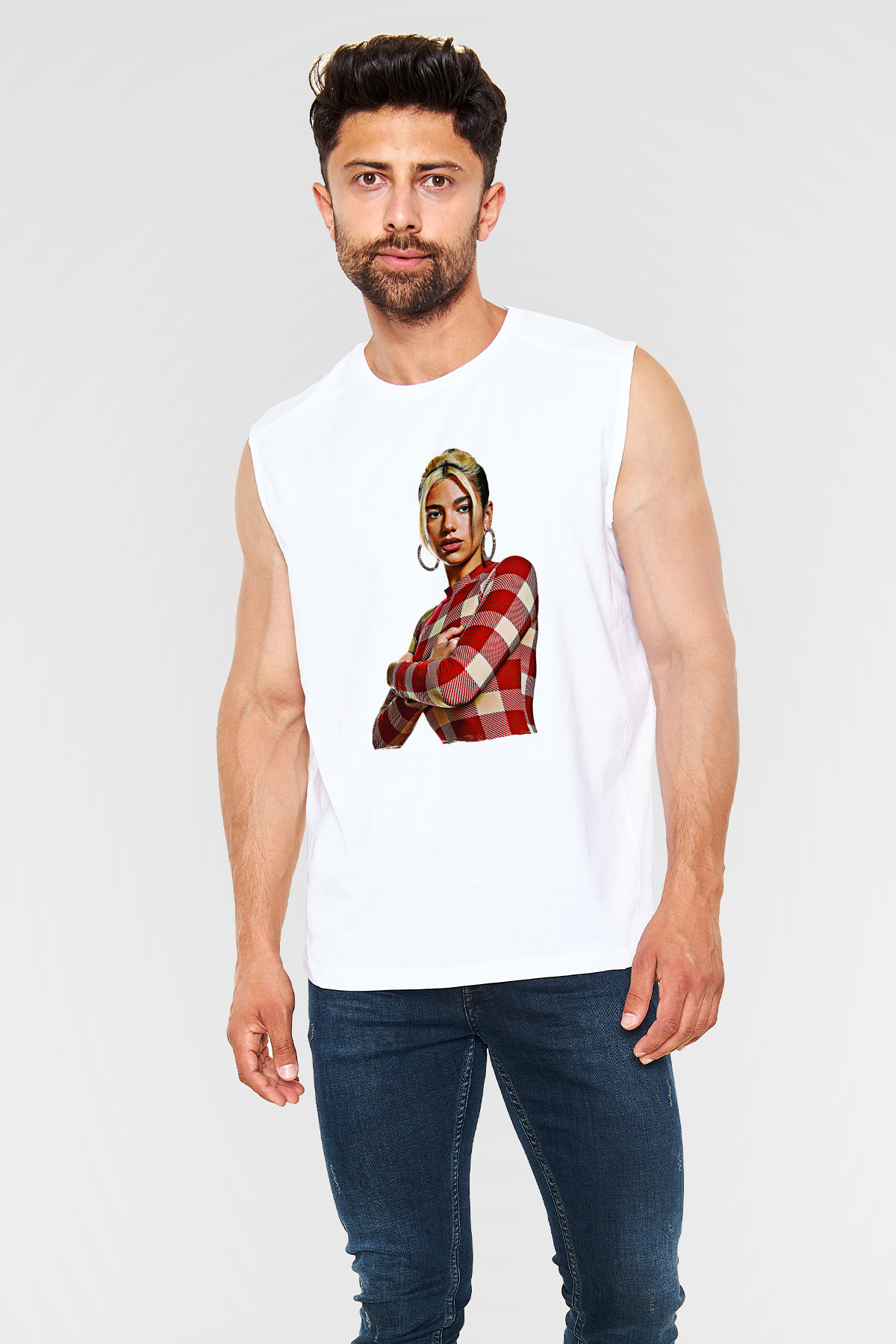Dua Lipa Baskılı Beyaz Unisex Kolsuz Tişört - Tshirt