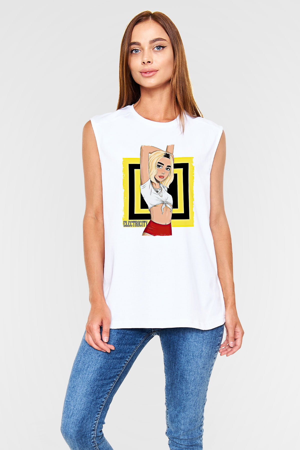 Dua Lipa Baskılı Beyaz Unisex Kolsuz Tişört - Tshirt