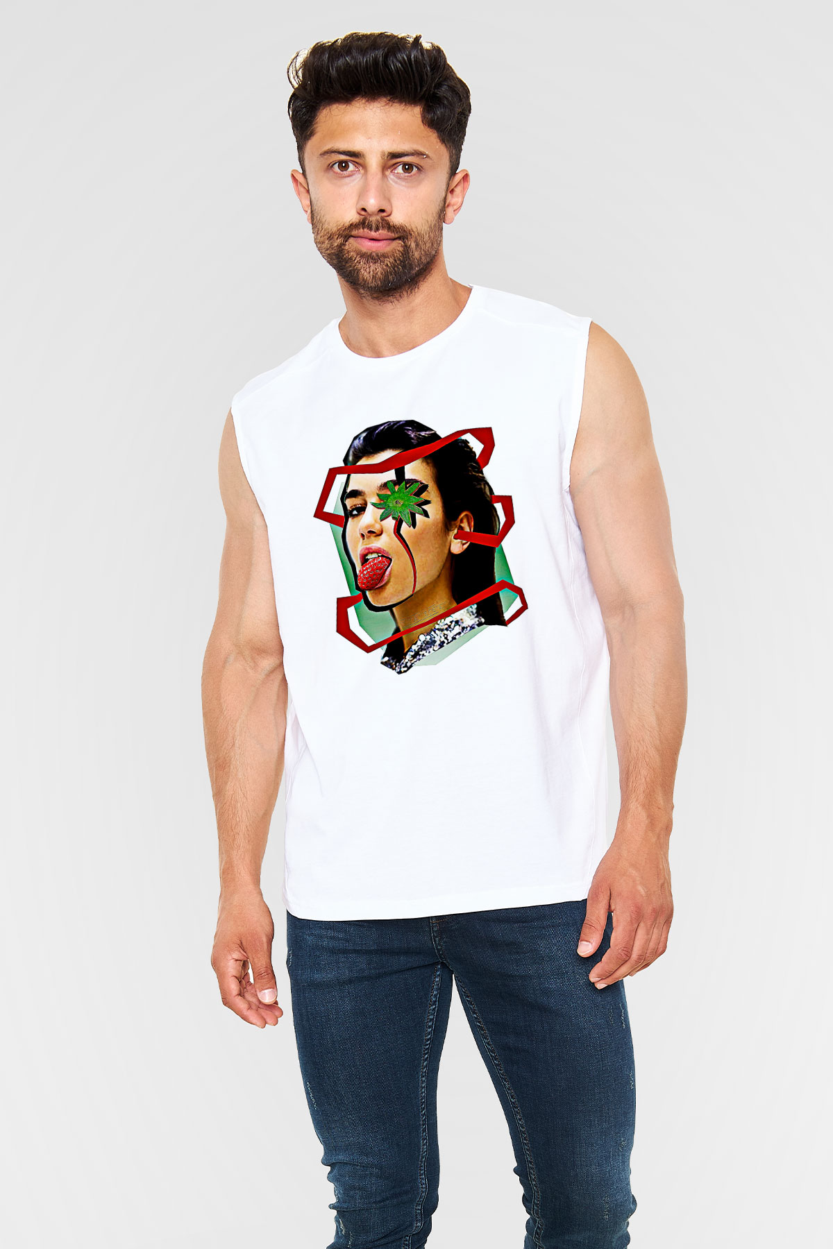 Dua Lipa Baskılı Beyaz Unisex Kolsuz Tişört - Tshirt