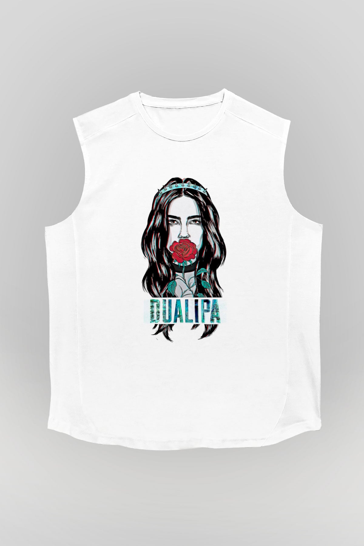 Dua Lipa Baskılı Beyaz Unisex Kolsuz Tişört - Tshirt