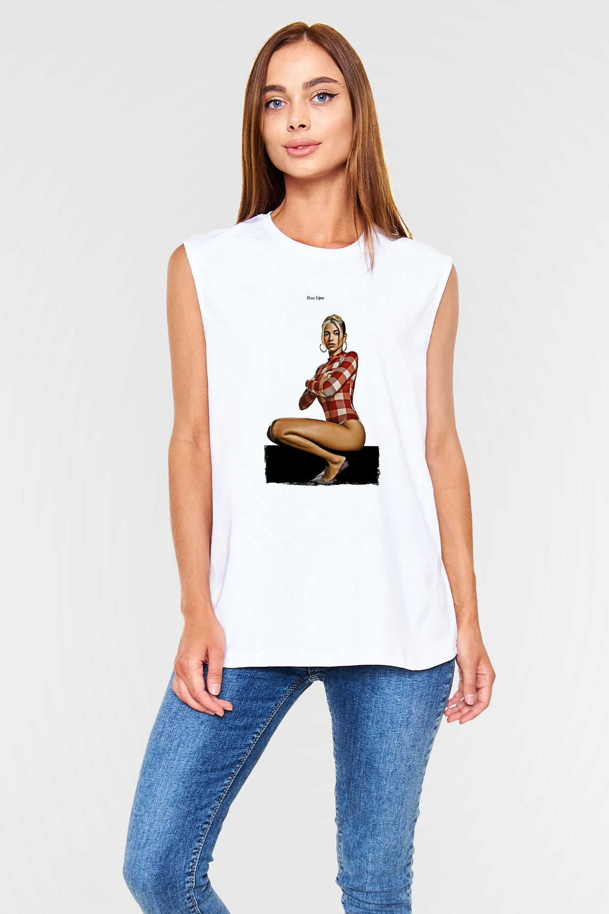 Dua Lipa Baskılı Beyaz Unisex Kolsuz Tişört - Tshirt