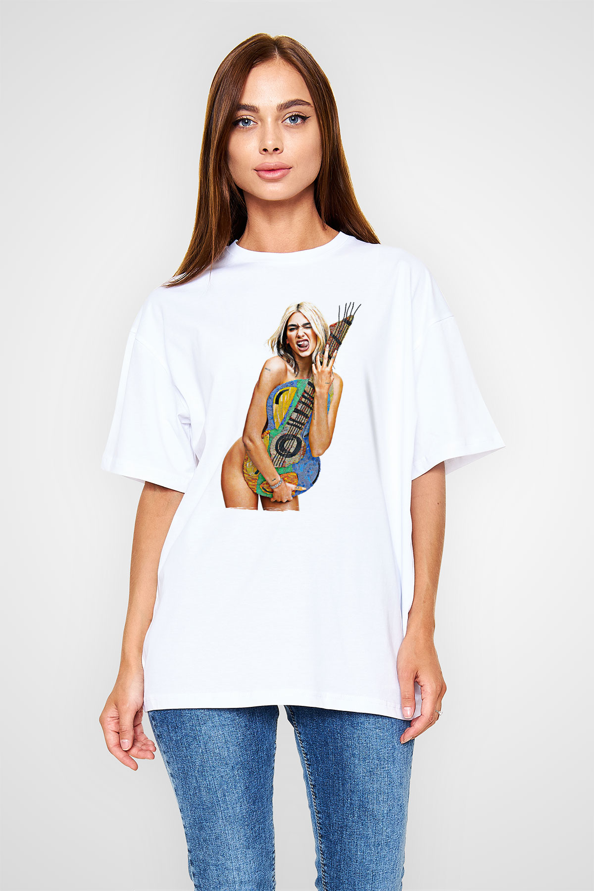 Dua Lipa Baskılı Beyaz Unisex Oversize Tişört - Tshirt