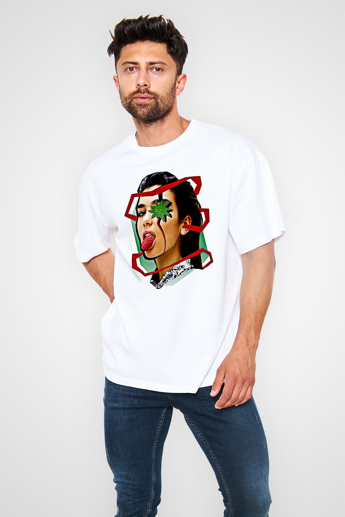Dua Lipa Baskılı Beyaz Unisex Oversize Tişört - Tshirt