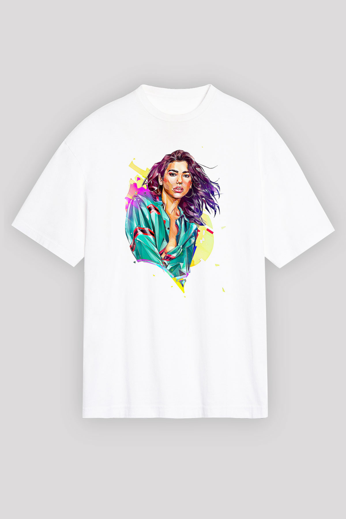 Dua Lipa Baskılı Beyaz Unisex Oversize Tişört - Tshirt