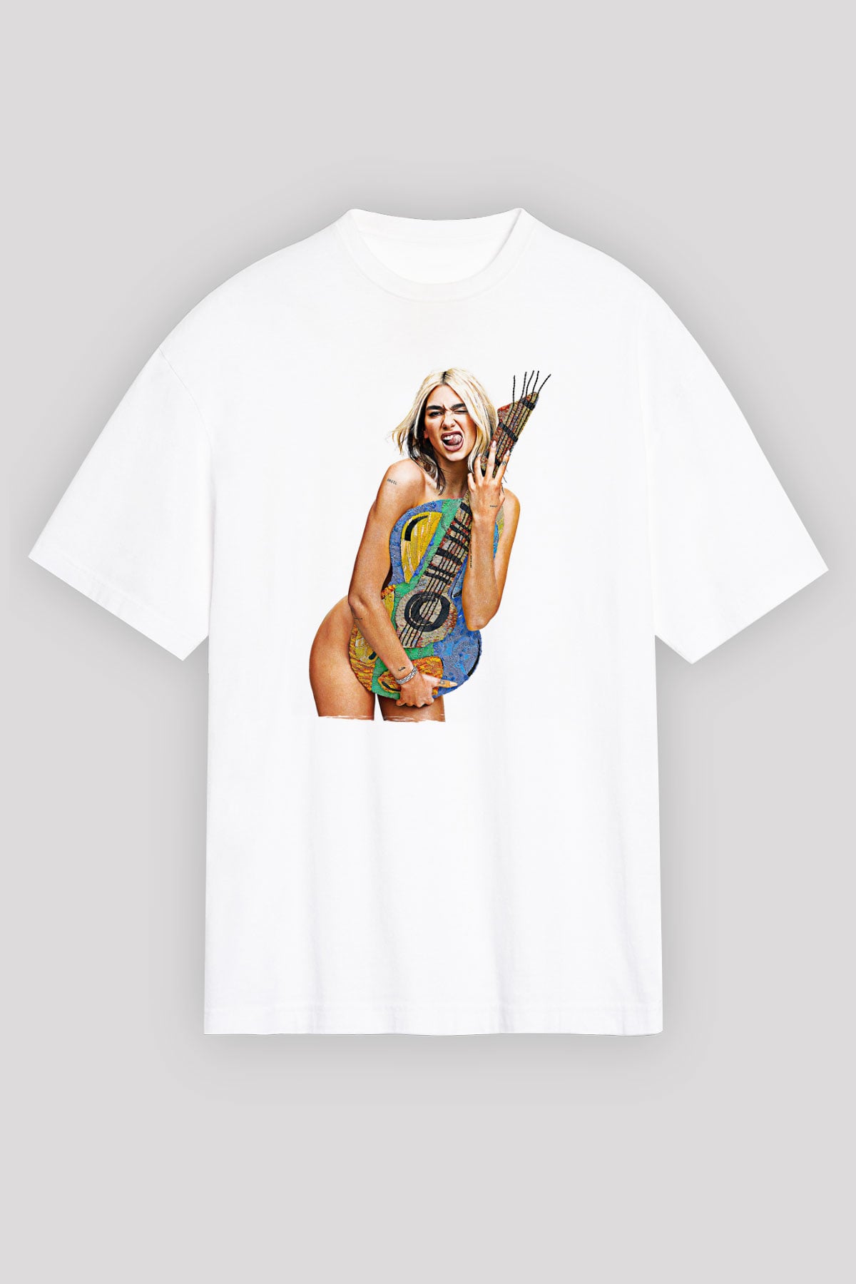 Dua Lipa Baskılı Beyaz Unisex Oversize Tişört - Tshirt