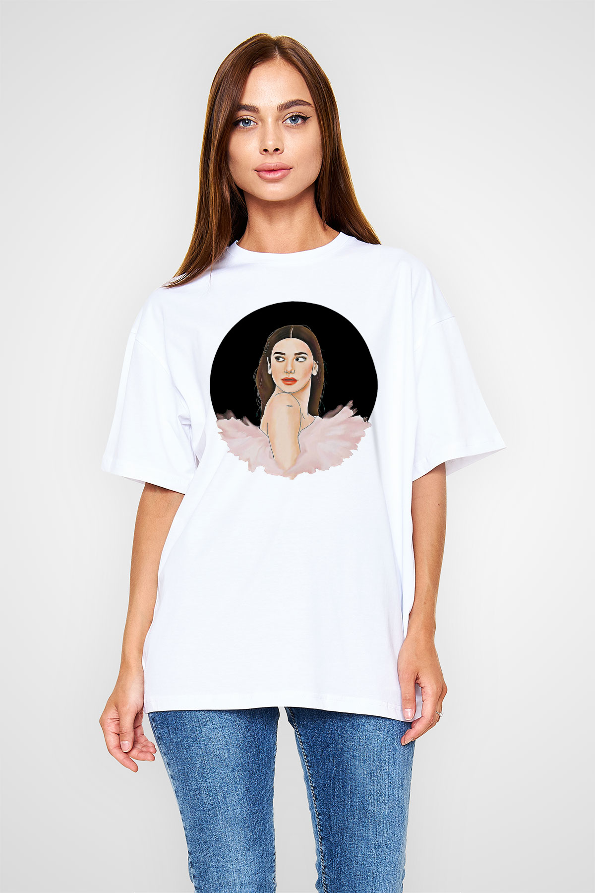 Dua Lipa Baskılı Beyaz Unisex Oversize Tişört - Tshirt