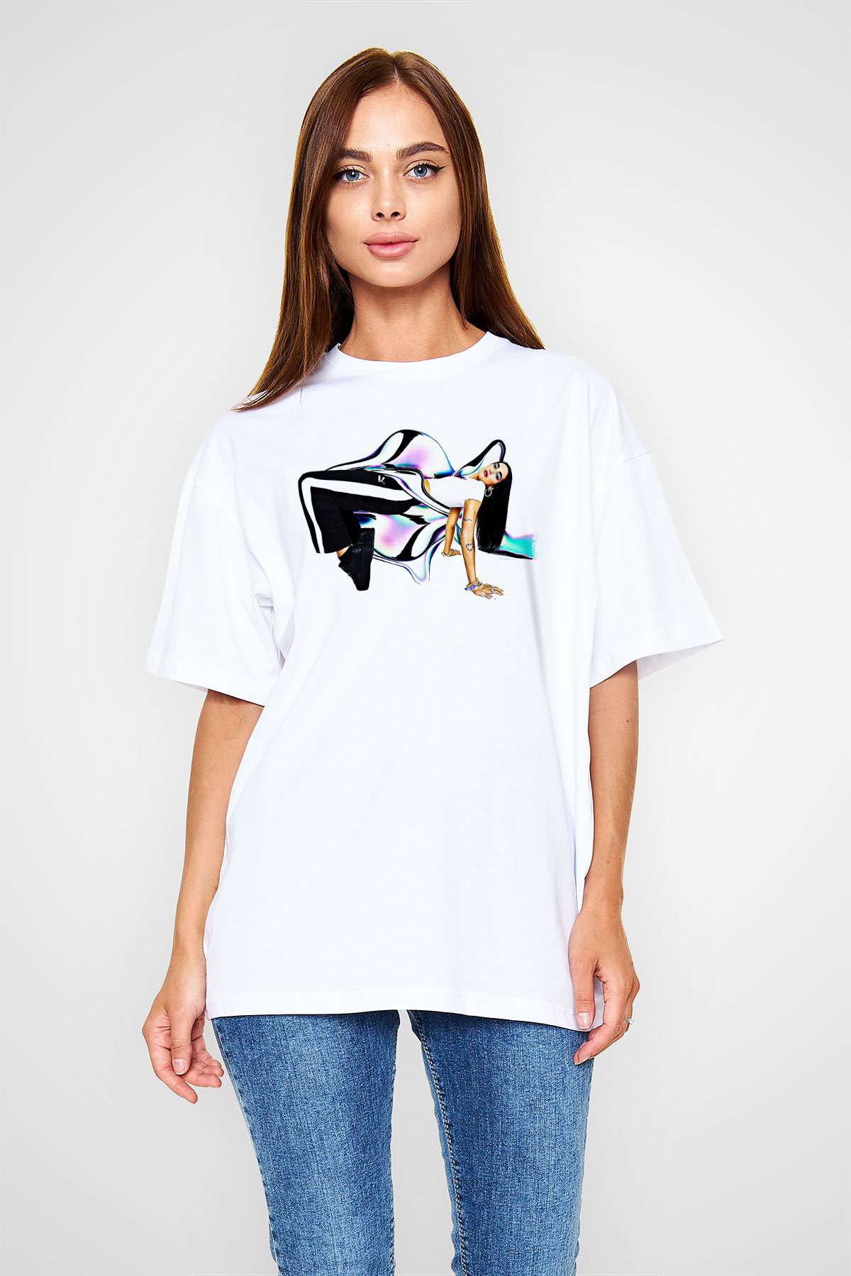 Dua Lipa Baskılı Beyaz Unisex Oversize Tişört - Tshirt