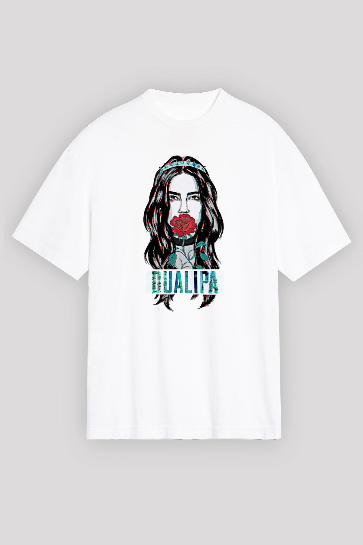 Dua Lipa Baskılı Beyaz Unisex Oversize Tişört - Tshirt