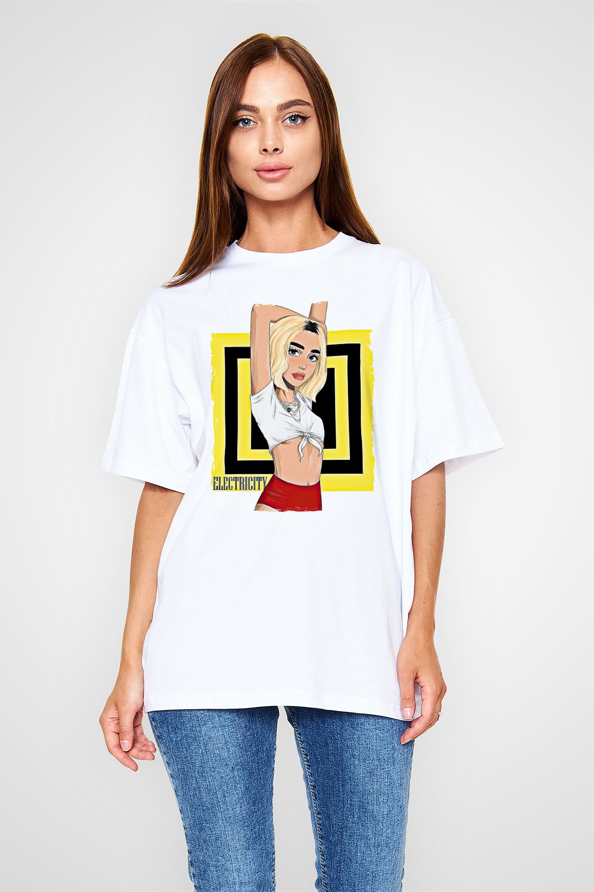 Dua Lipa Baskılı Beyaz Unisex Oversize Tişört - Tshirt