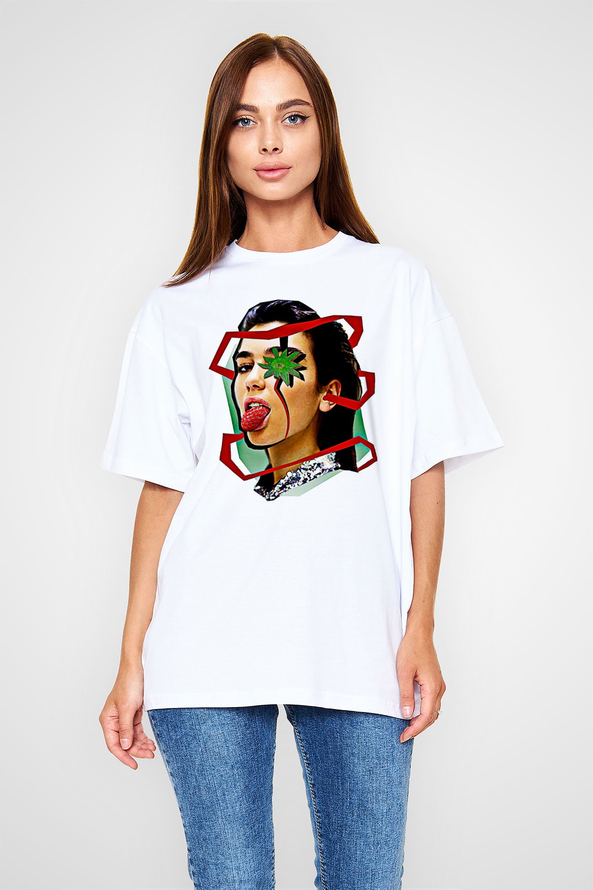 Dua Lipa Baskılı Beyaz Unisex Oversize Tişört - Tshirt