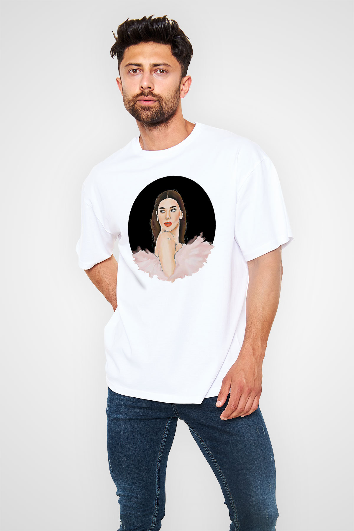 Dua Lipa Baskılı Beyaz Unisex Oversize Tişört - Tshirt