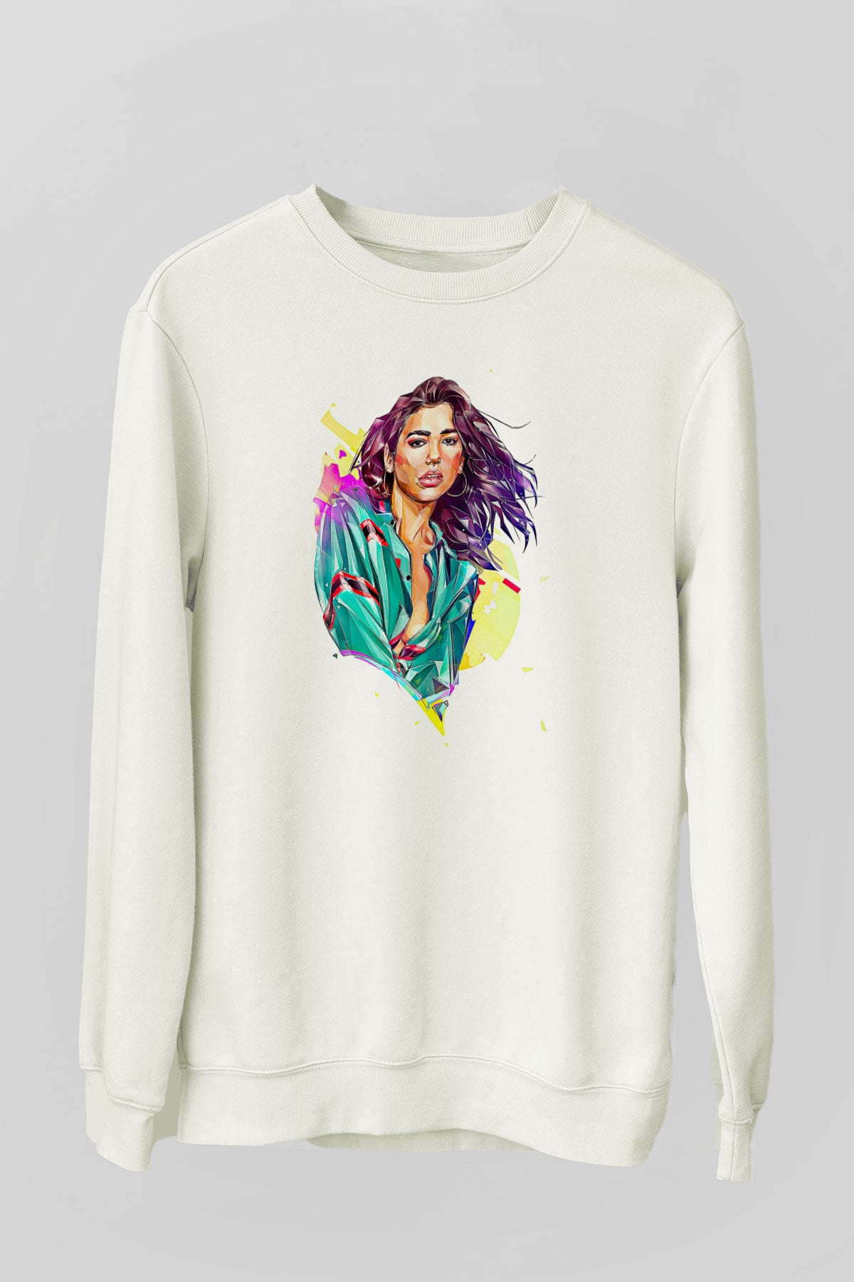 Dua Lipa Baskılı Beyaz Unisex Sweatshirt
