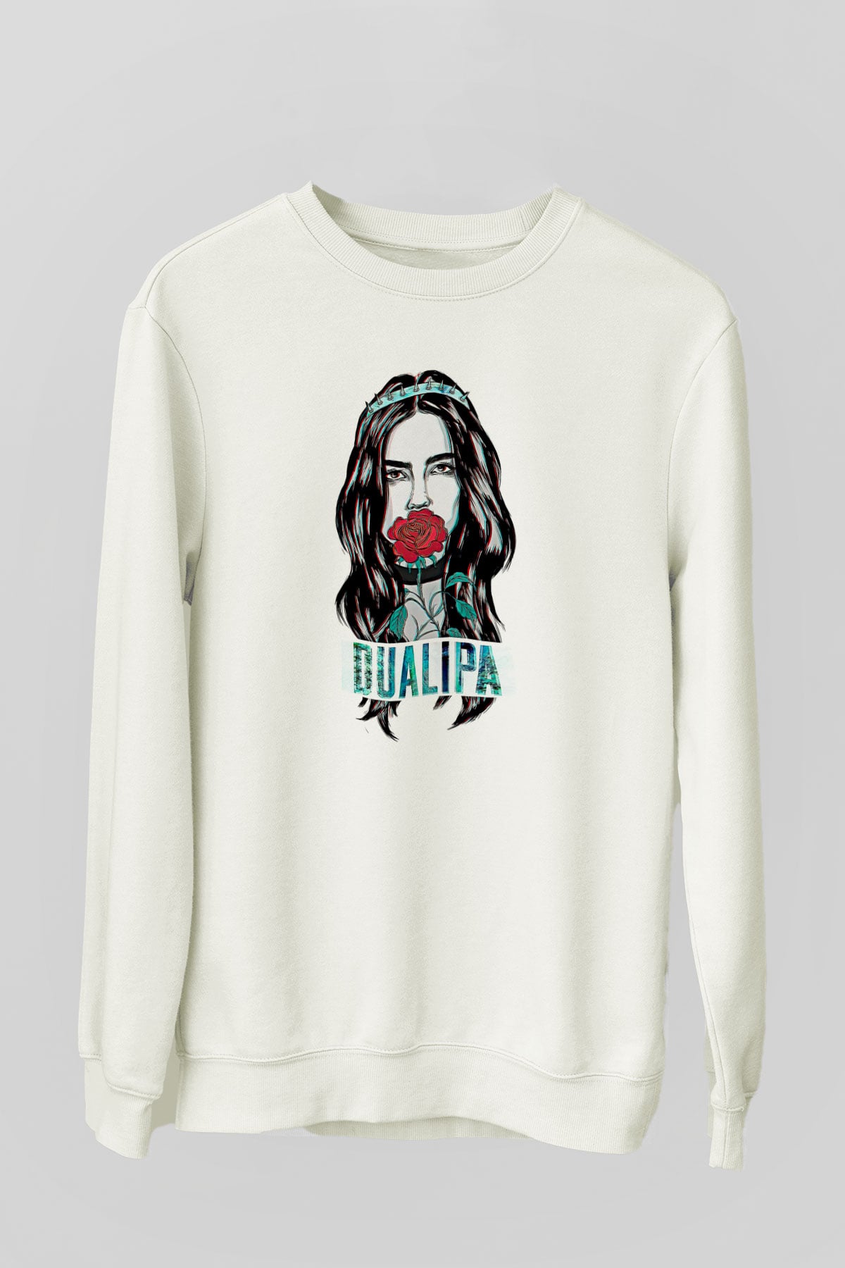 Dua Lipa Baskılı Beyaz Unisex Sweatshirt