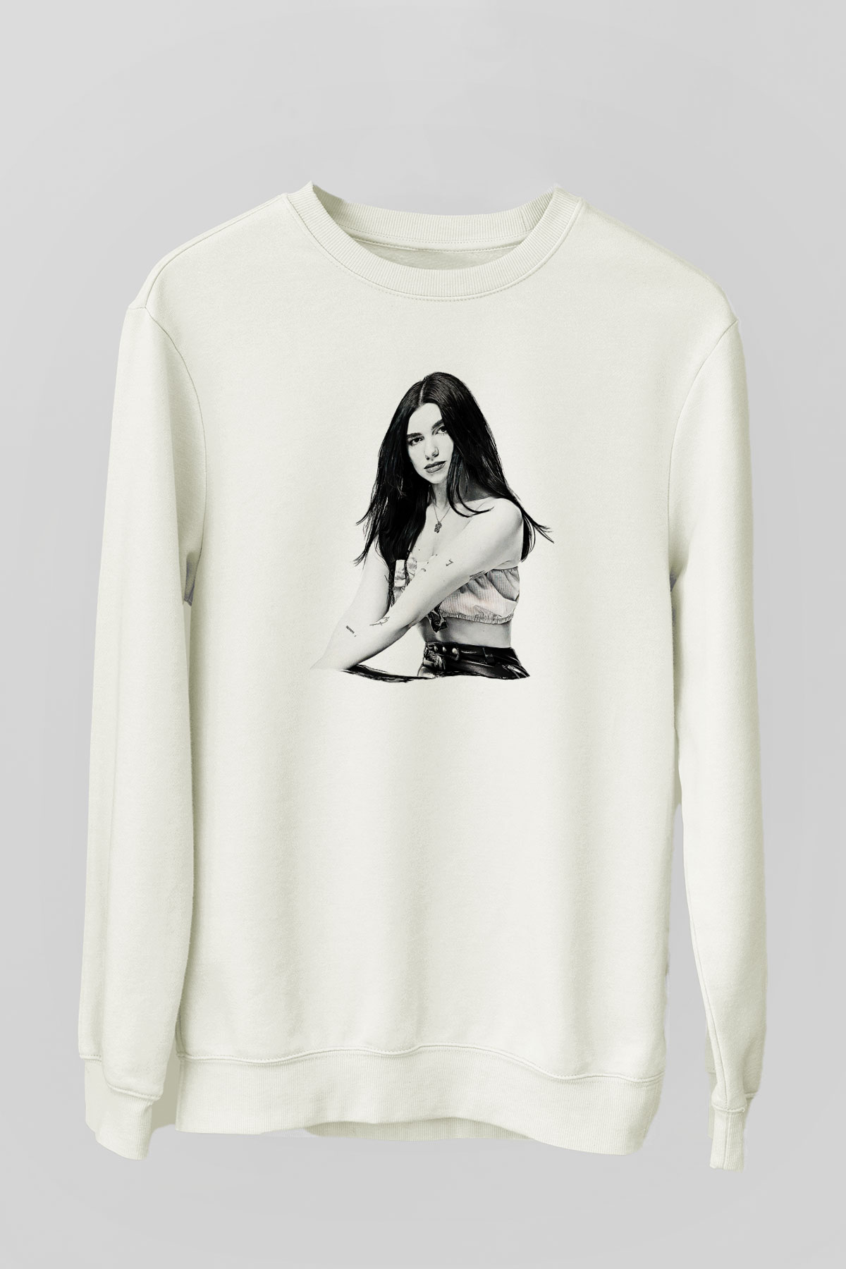 Dua Lipa Baskılı Beyaz Unisex Sweatshirt