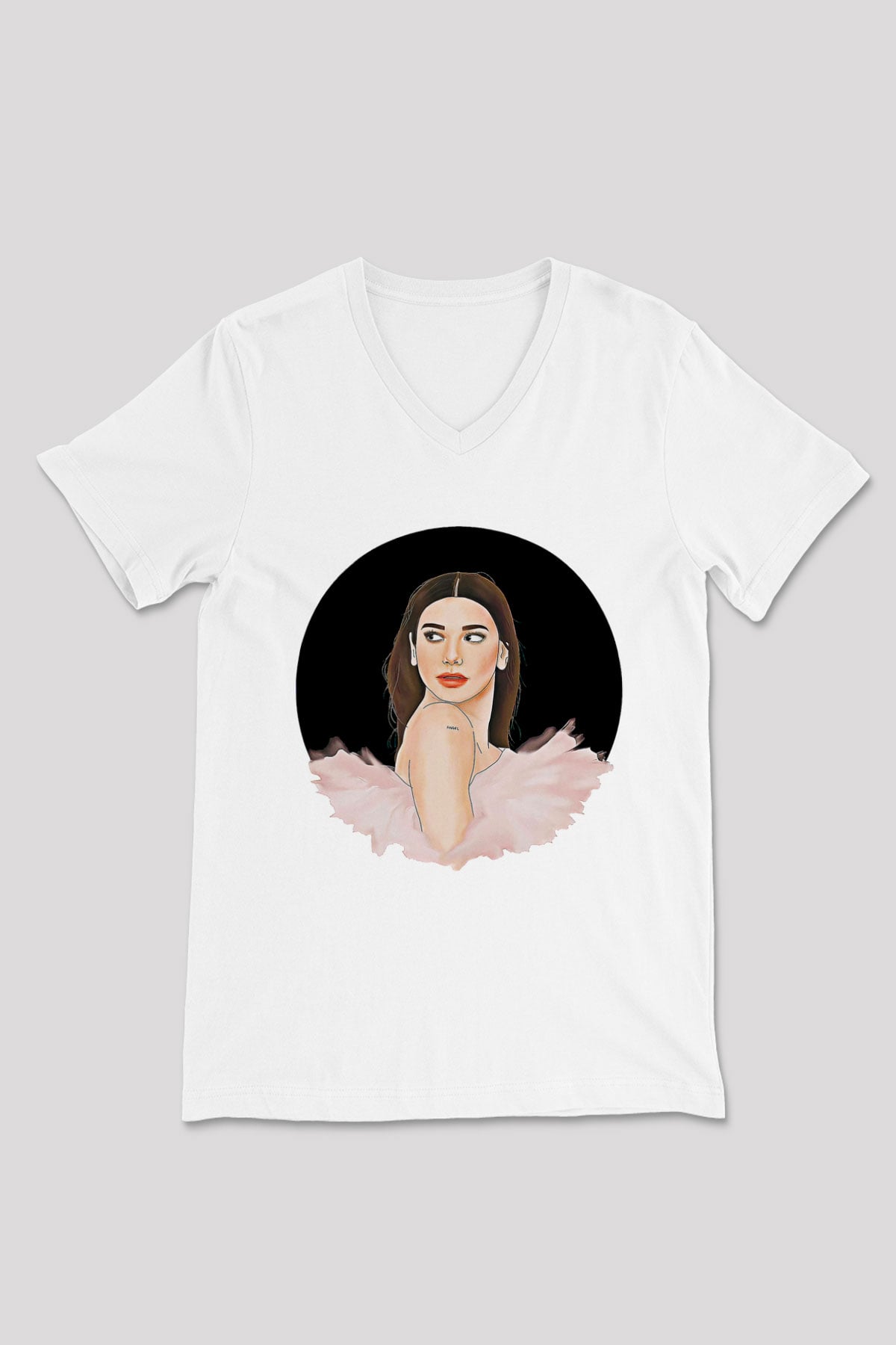 Dua Lipa Baskılı Beyaz Unisex V Yaka Tişört - Tshirt