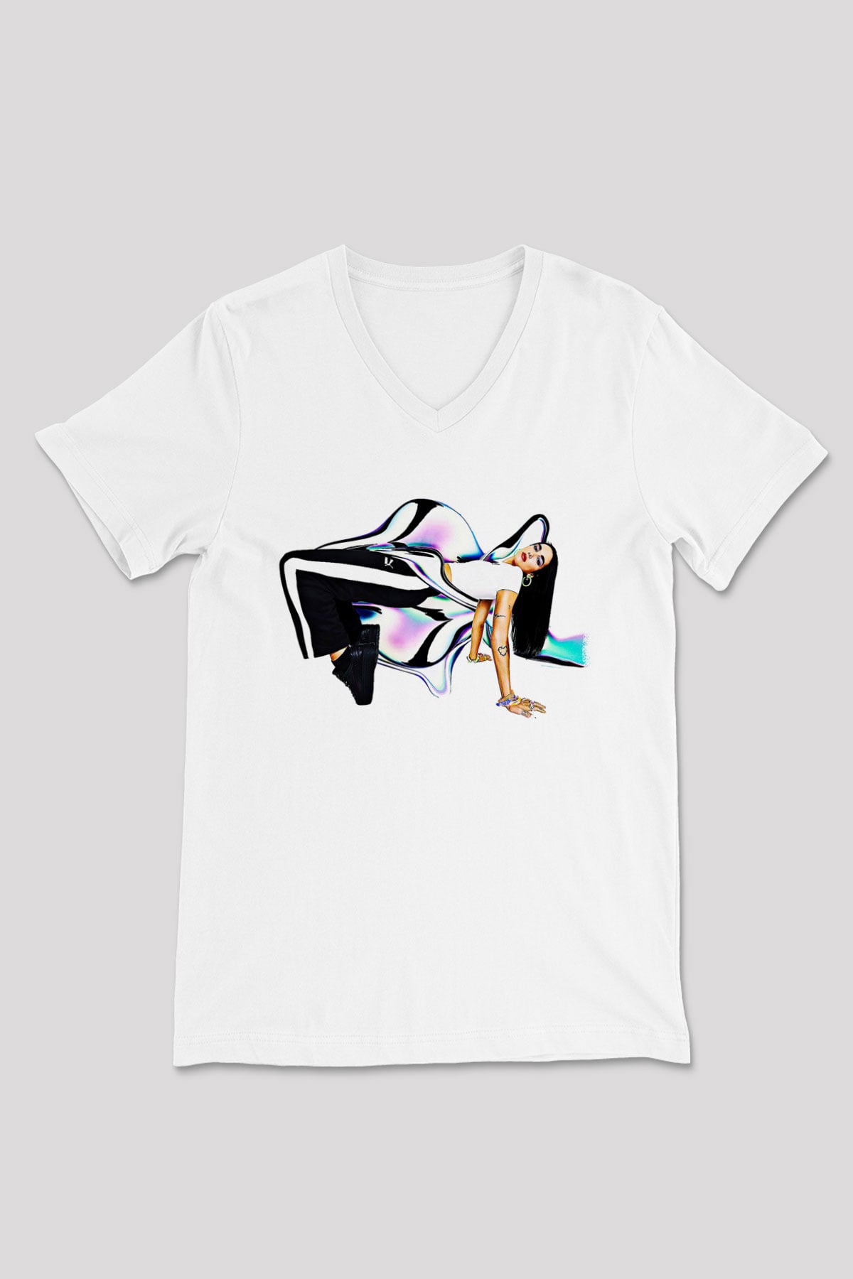 Dua Lipa Baskılı Beyaz Unisex V Yaka Tişört - Tshirt