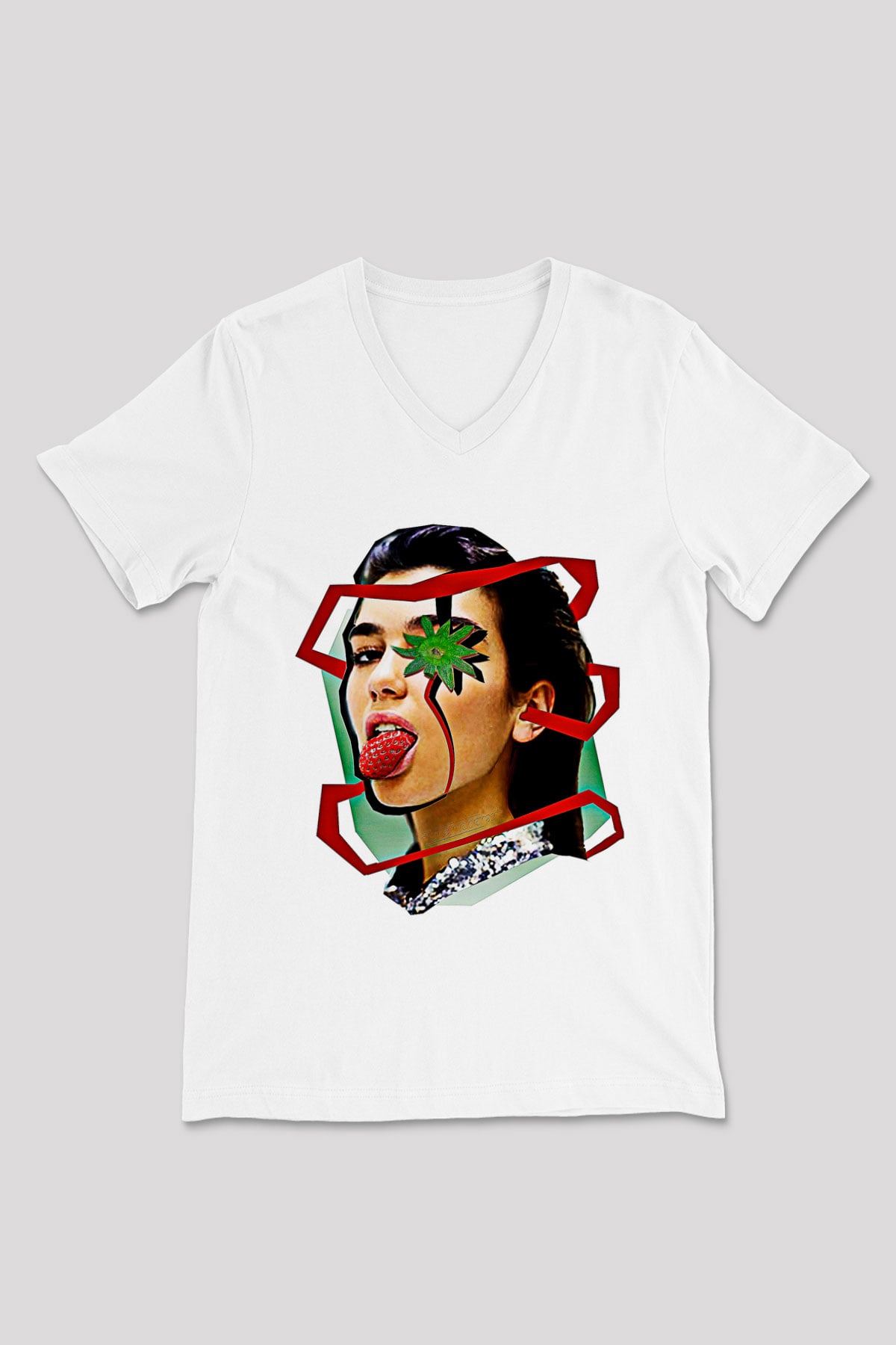 Dua Lipa Baskılı Beyaz Unisex V Yaka Tişört - Tshirt