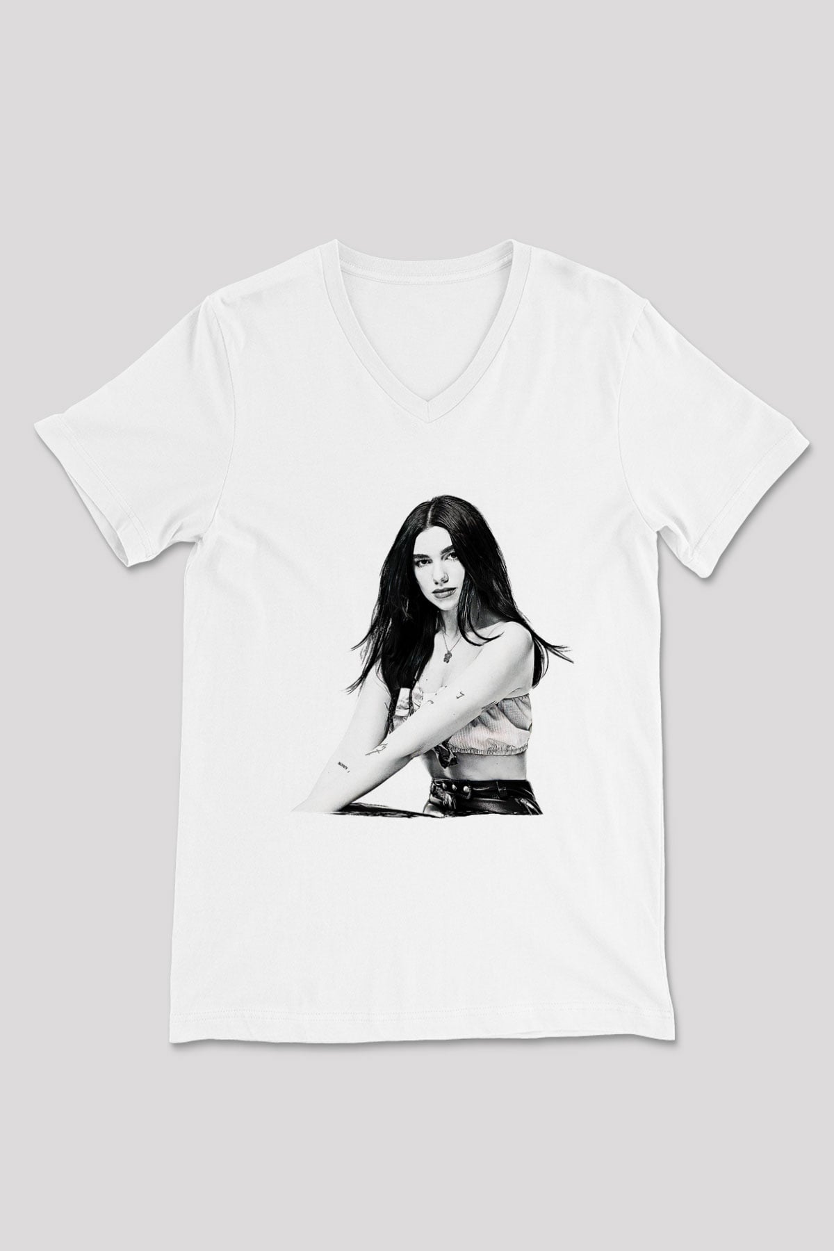 Dua Lipa Baskılı Beyaz Unisex V Yaka Tişört - Tshirt