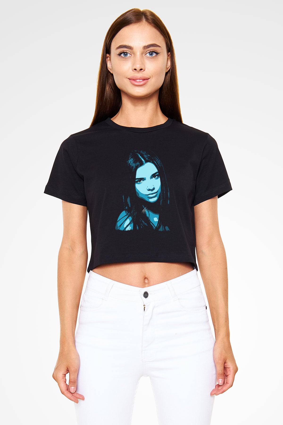 Dua Lipa Baskılı Siyah Crop Top Kadın Tişört - Tshirt