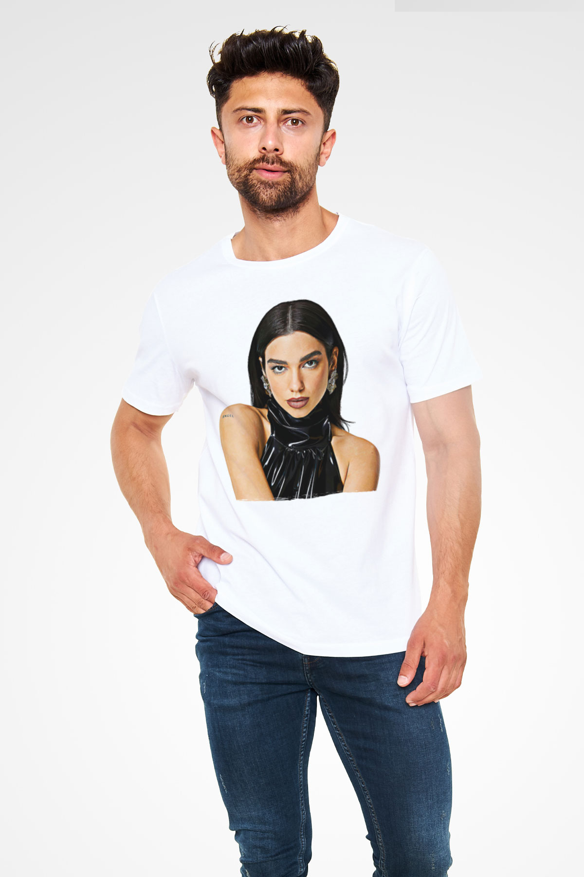 Dua Lipa Baskılı Unisex Beyaz Tişört - Tshirt
